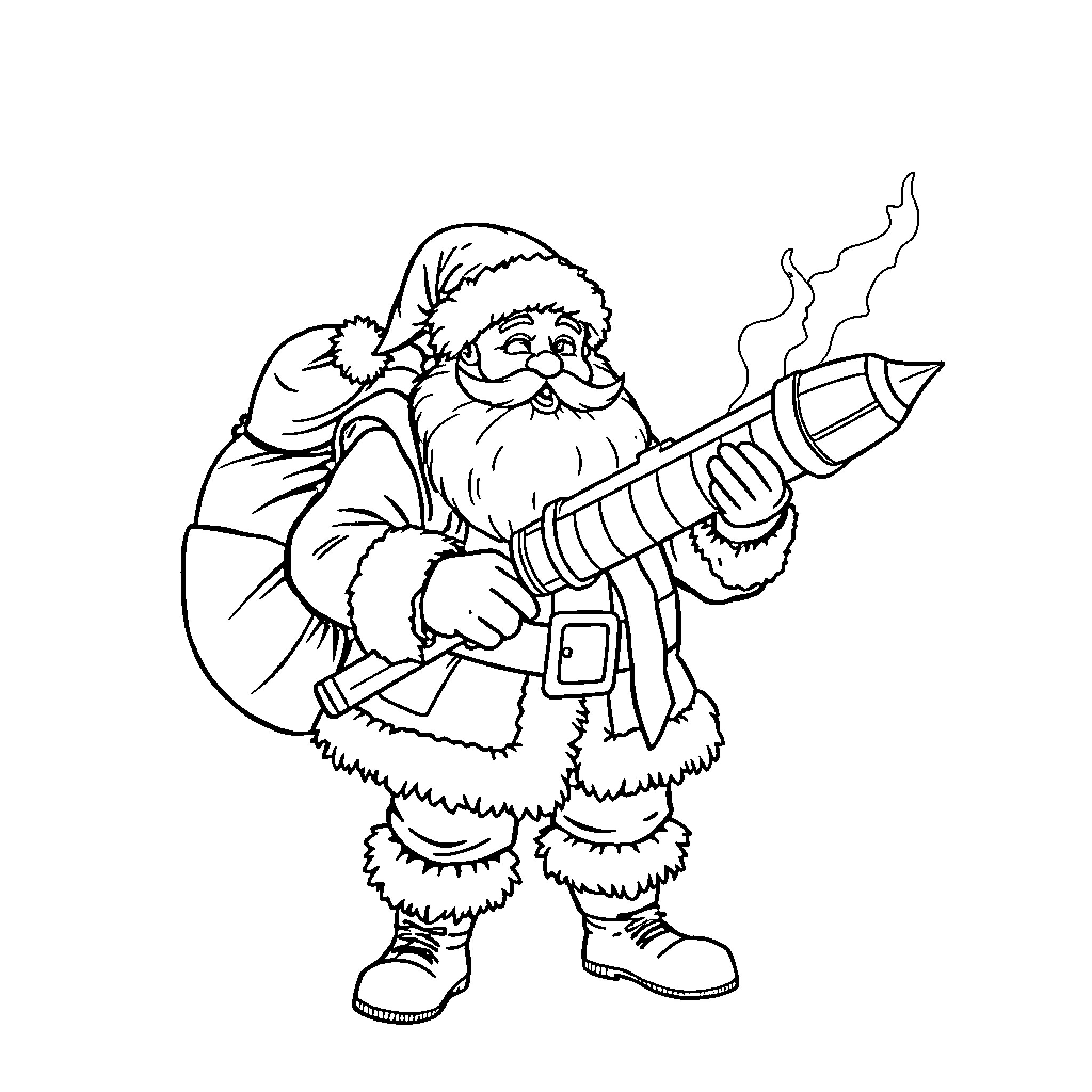 Santa firing a blaster in excitement Coloring Page (free black-and-white line drawing printable PDF for all, from beginners to advanced learners, including children, teens, adults, and seniors)