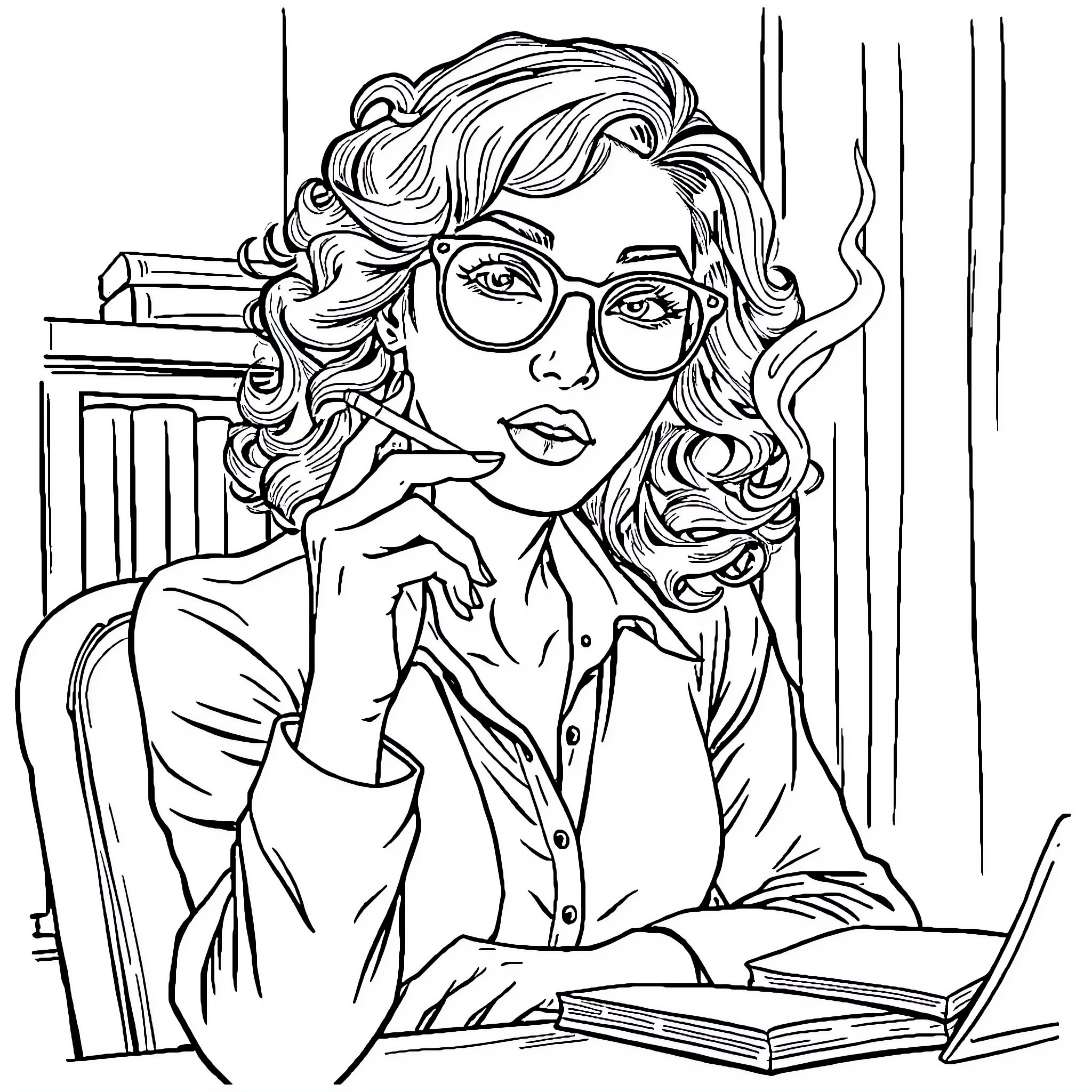 Lady in Thought Reading Books in Library Coloring Page (free black-and-white line drawing printable PDF for all, from beginners to advanced learners, including children, teens, adults, and seniors)