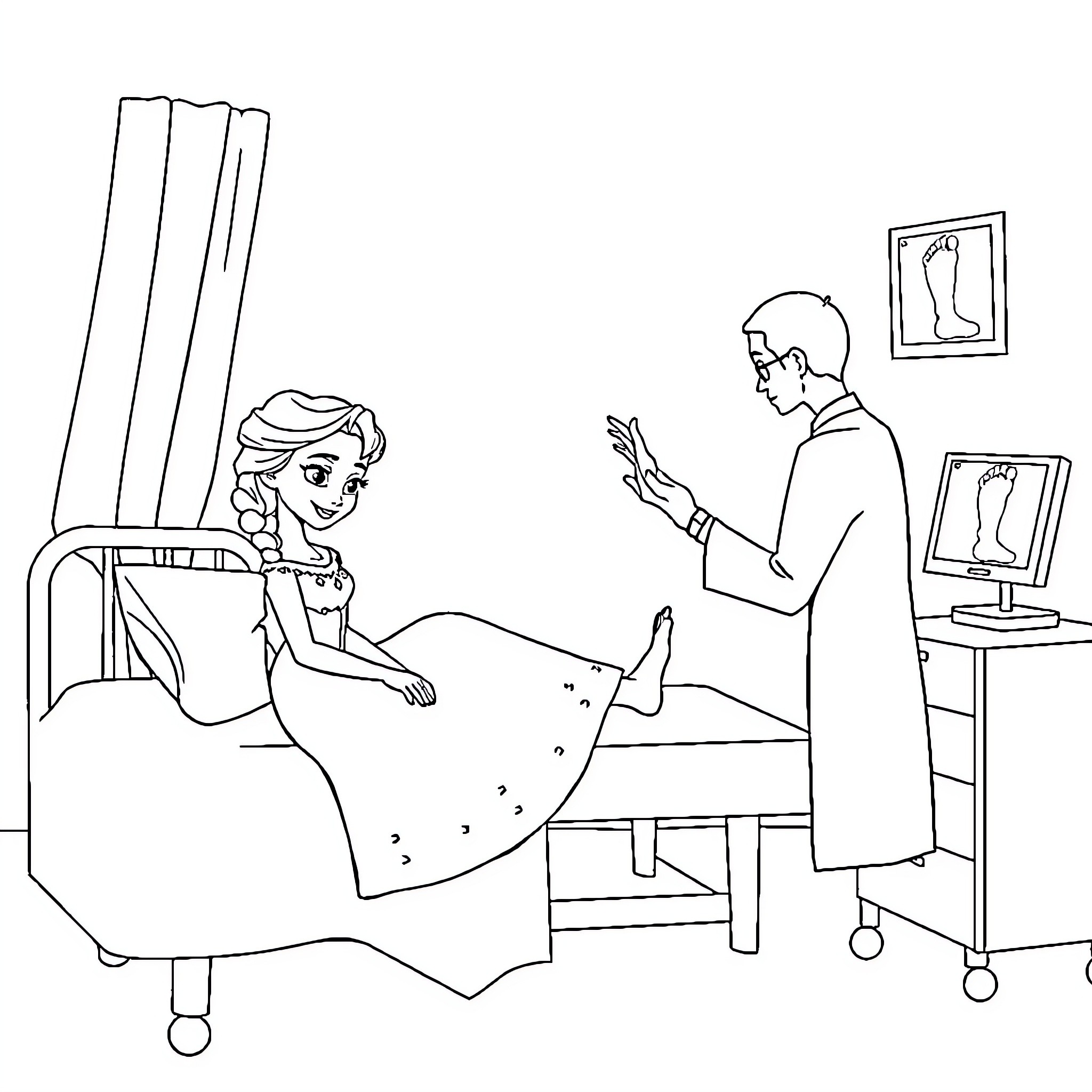 Princess Elsa receiving medical care from doctor Coloring Page (free black-and-white line drawing printable PDF for all, from beginners to advanced learners, including children, teens, adults, and seniors)