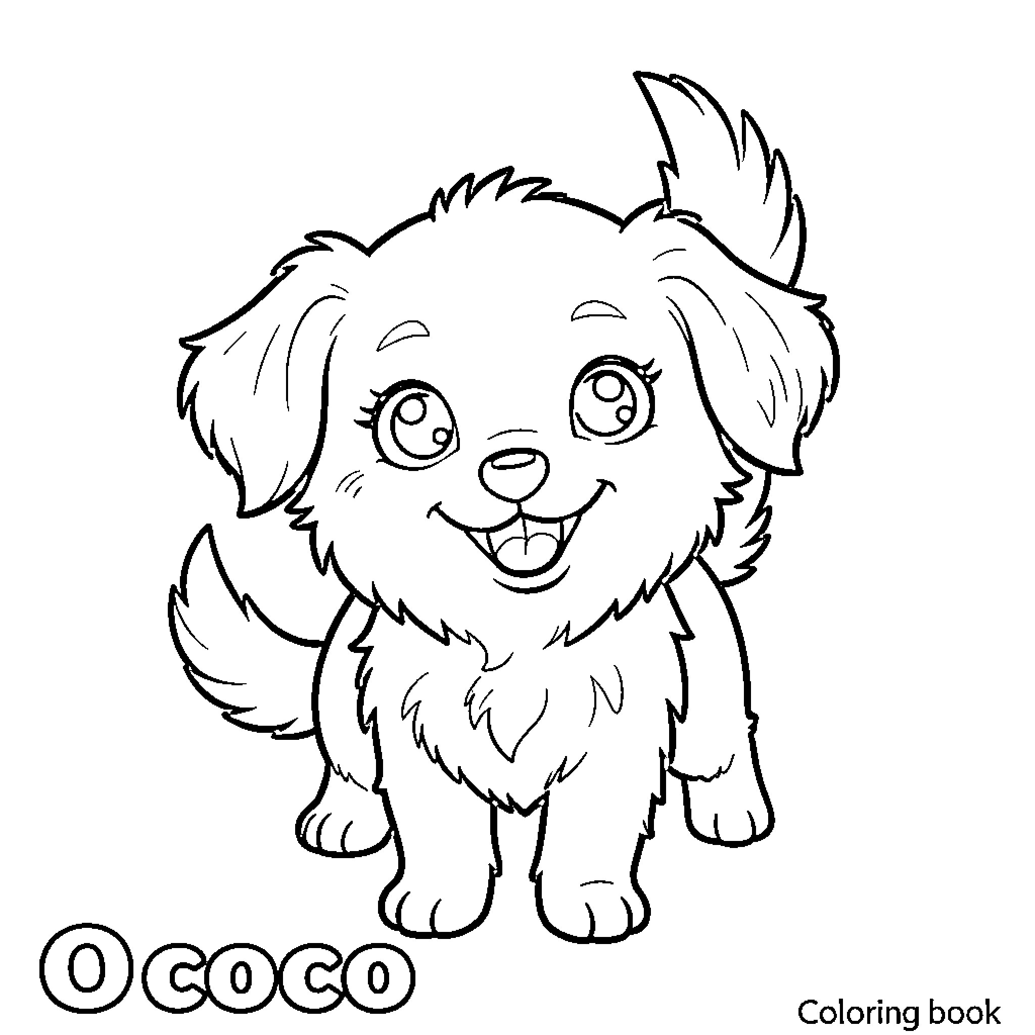 Patachien smiling puppy sitting and looking forward Coloring Page (free black-and-white line drawing printable PDF for all, from beginners to advanced learners, including children, teens, adults, and seniors)