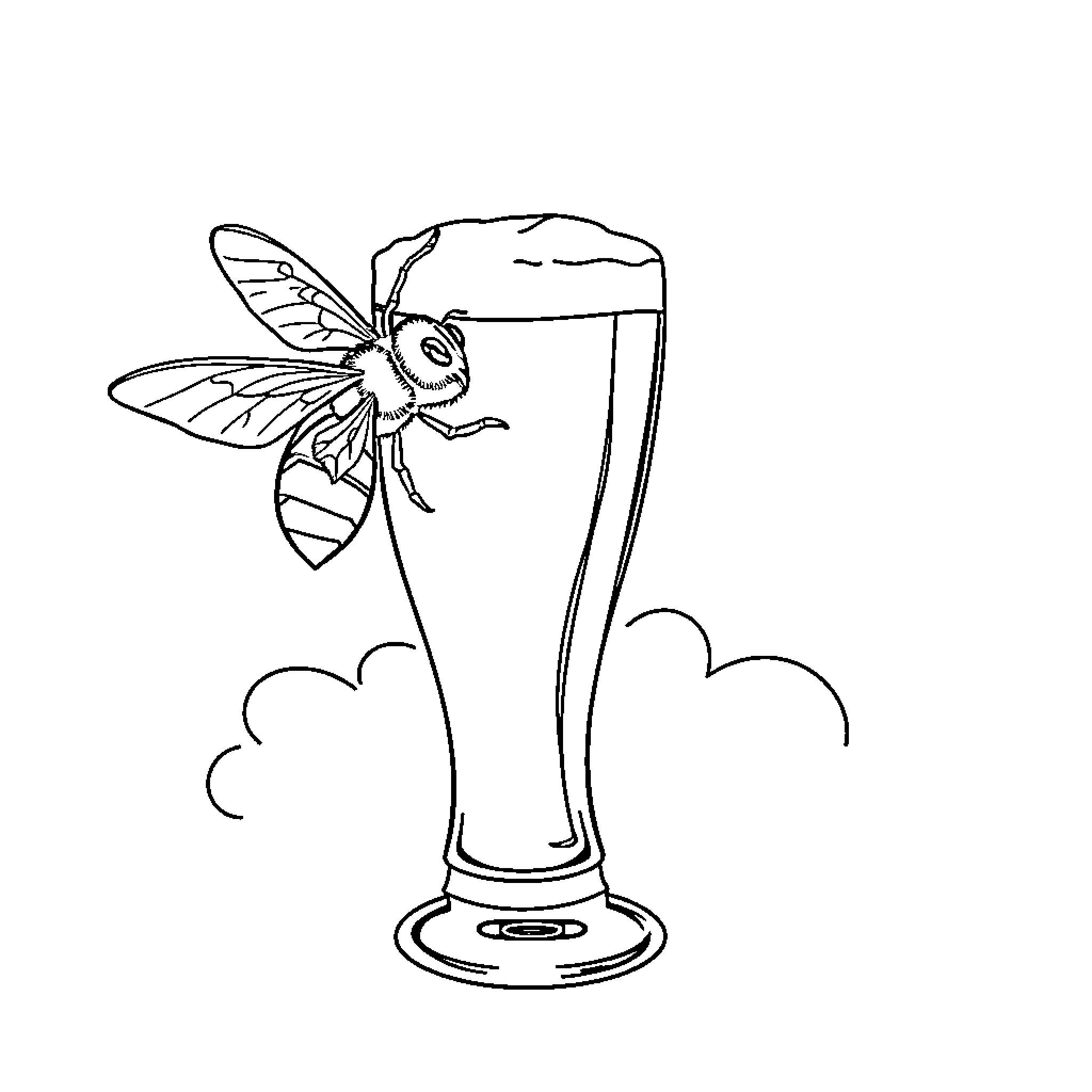 Bee flying over a glass of beer Coloring Page (free black-and-white line drawing printable PDF for all, from beginners to advanced learners, including children, teens, adults, and seniors)