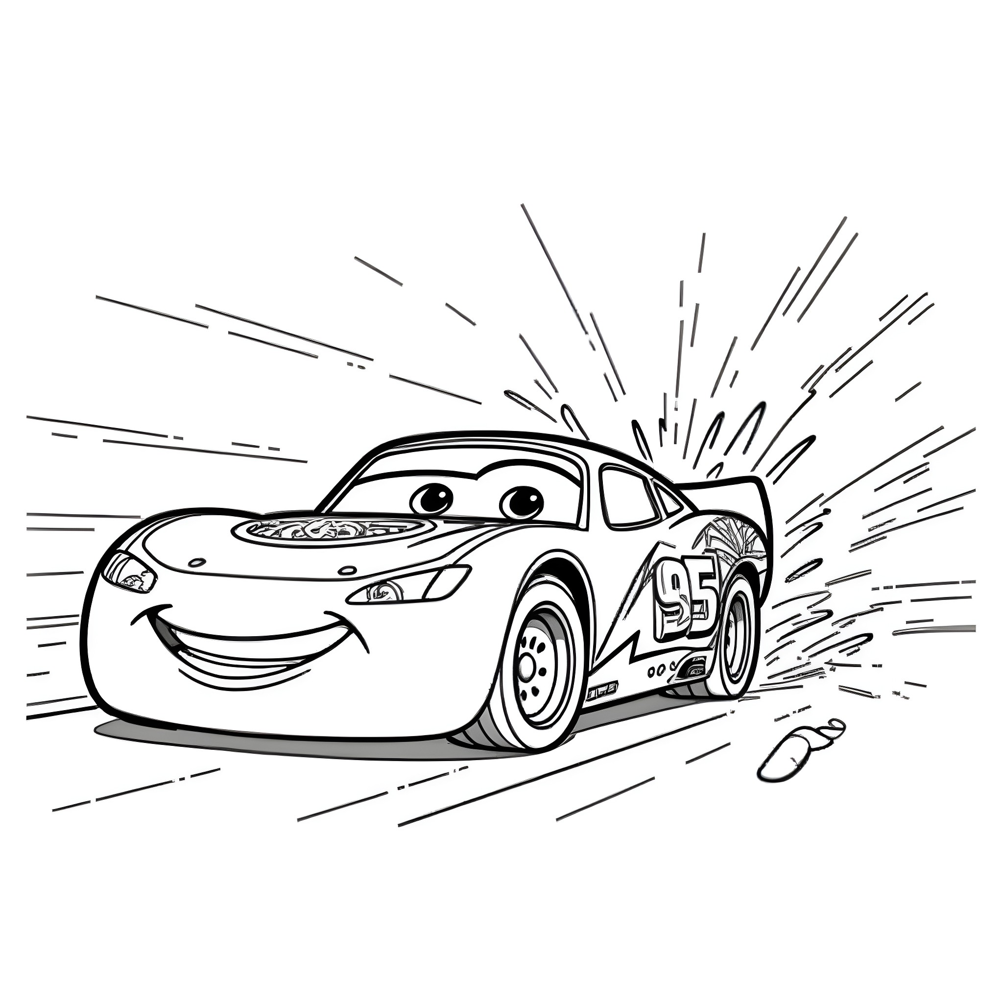 Lightning McQueen racing with excitement Coloring Page (free black-and-white line drawing printable PDF for all, from beginners to advanced learners, including children, teens, adults, and seniors)