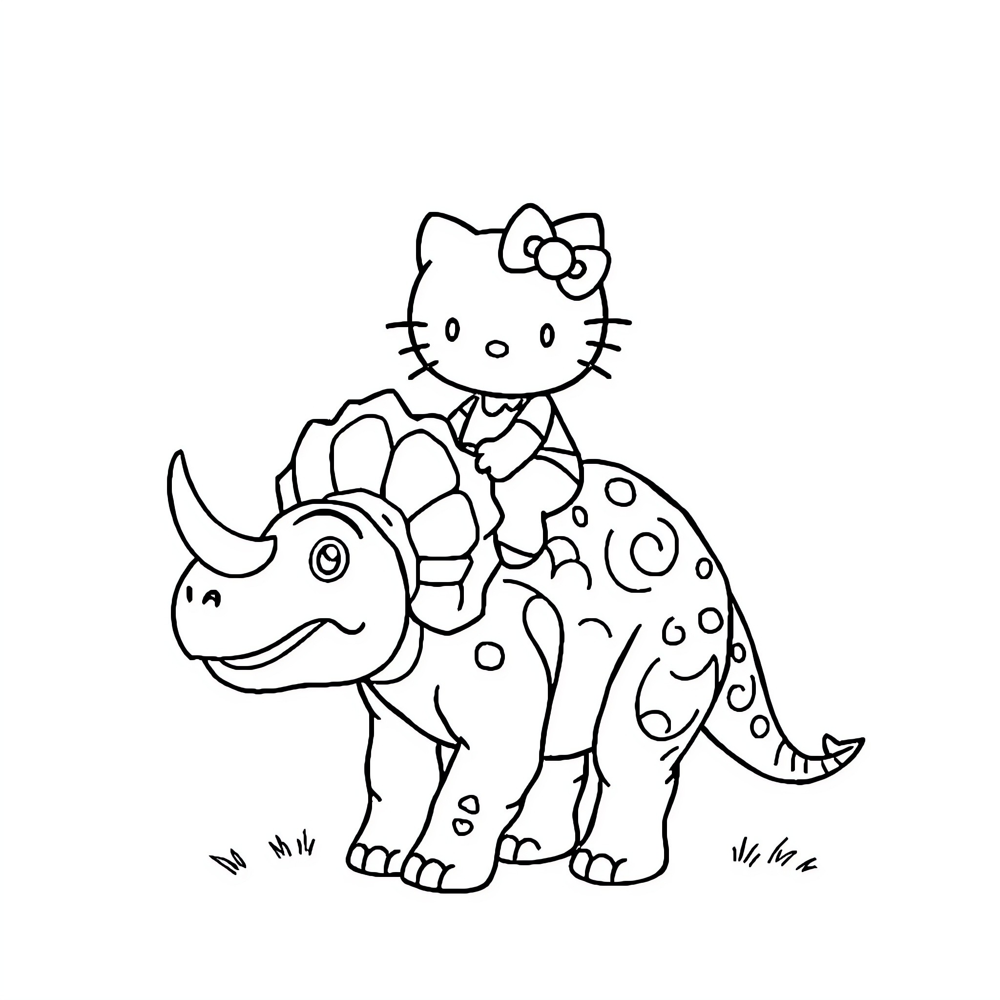 Hello Kitty riding a spotted dinosaur Coloring Page (free black-and-white line drawing printable PDF for all, from beginners to advanced learners, including children, teens, adults, and seniors)