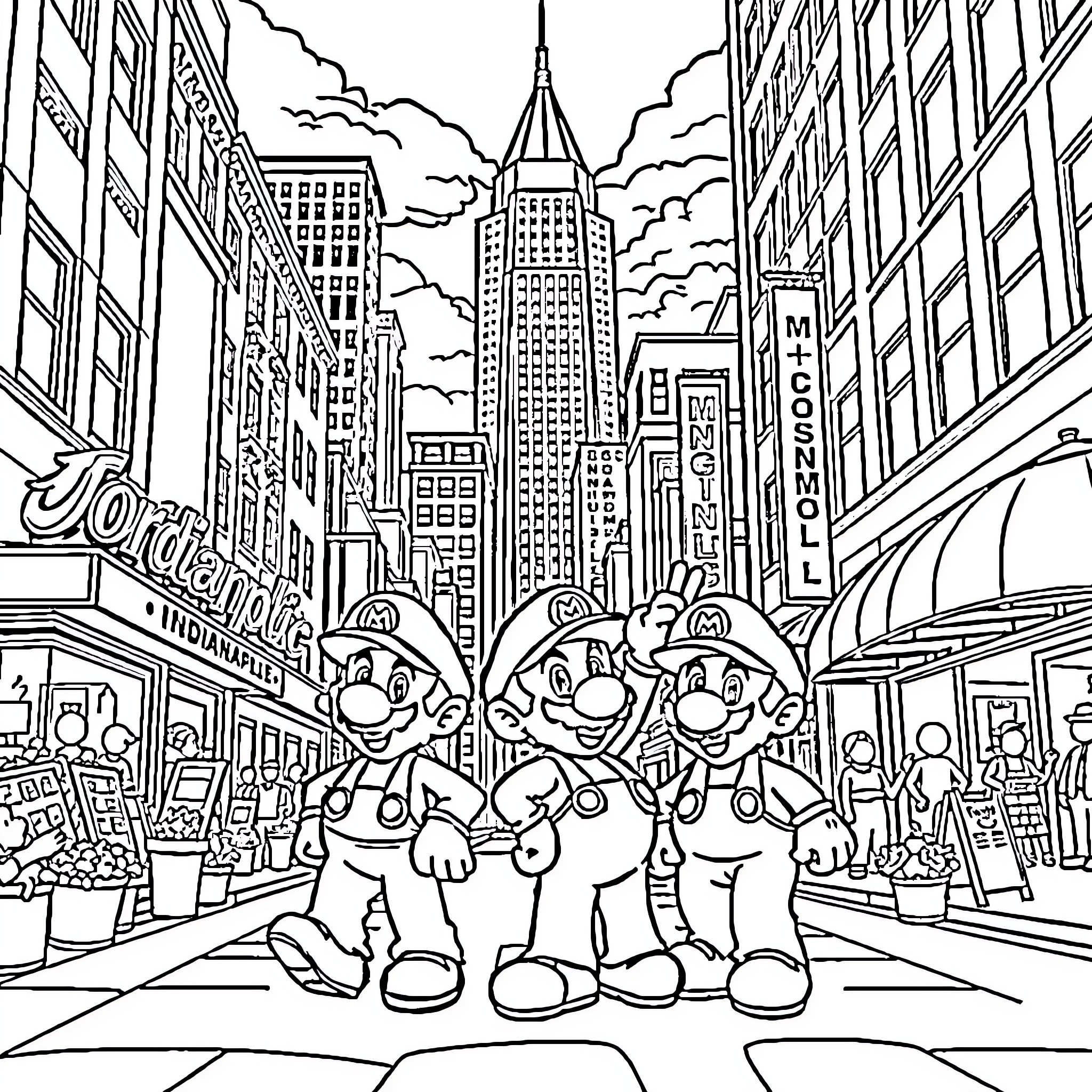 Mario and friends explore the bustling city Coloring Page (free black-and-white line drawing printable PDF for all, from beginners to advanced learners, including children, teens, adults, and seniors)