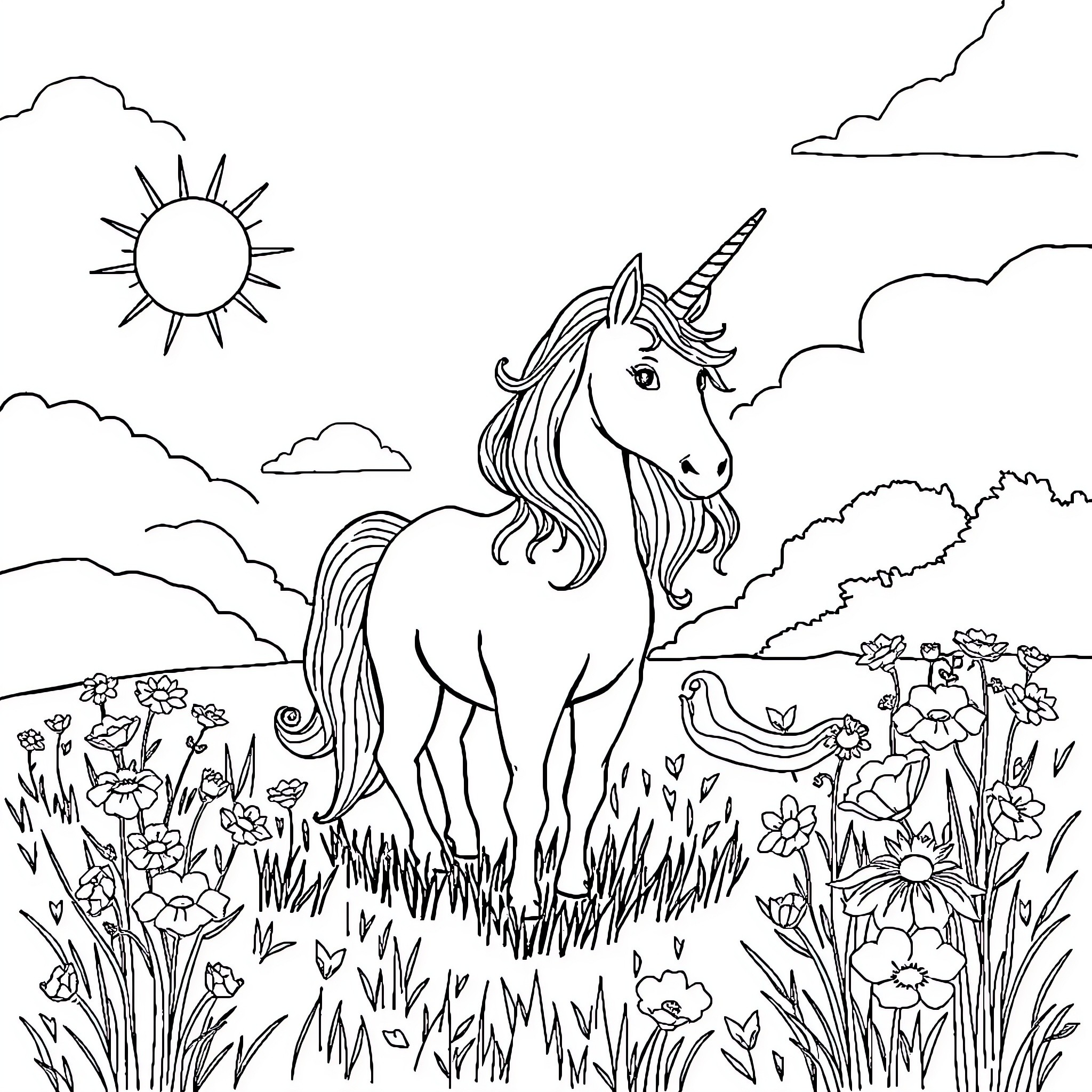 Unicorn standing amidst a whimsical landscape Coloring Page (free black-and-white line drawing printable PDF for all, from beginners to advanced learners, including children, teens, adults, and seniors)