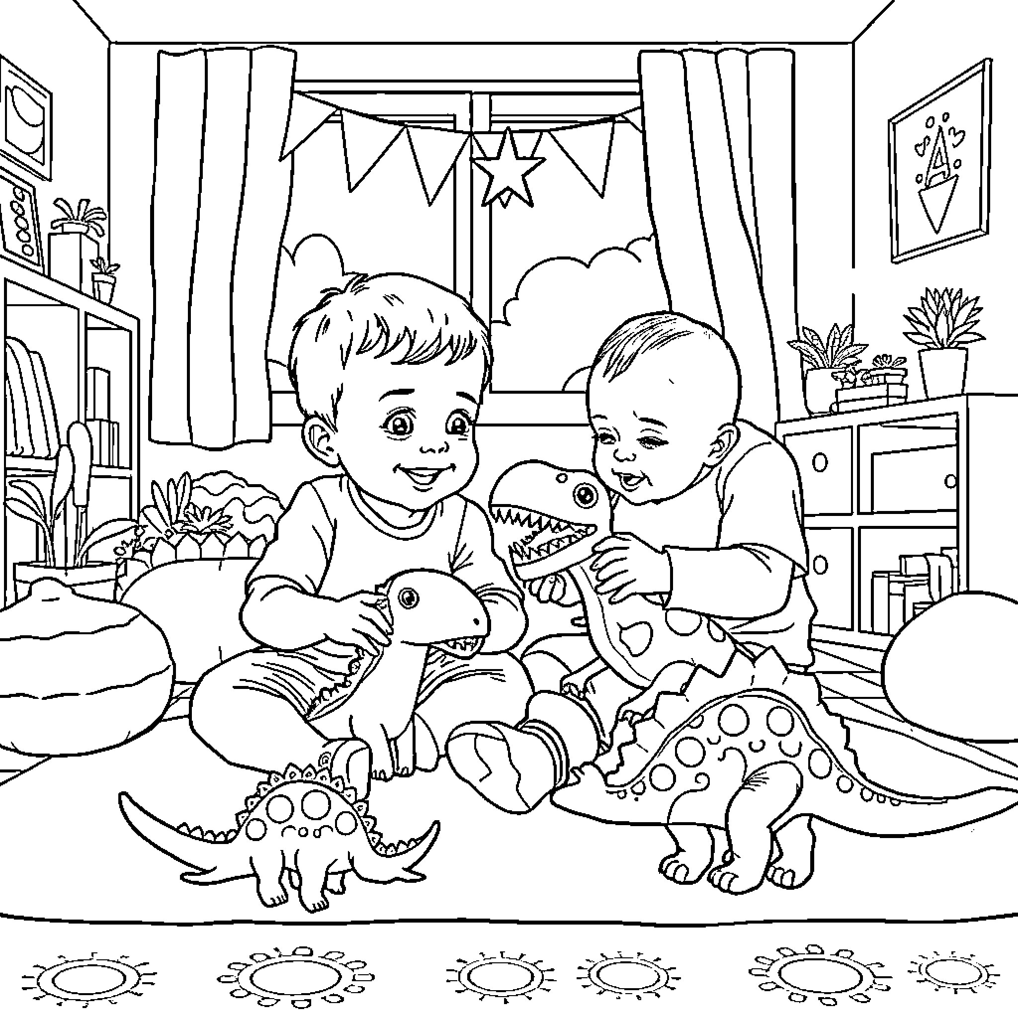 Dinosaur Toys Bring Joy to Boys in Cozy Room Coloring Page (free black-and-white line drawing printable PDF for all, from beginners to advanced learners, including children, teens, adults, and seniors)