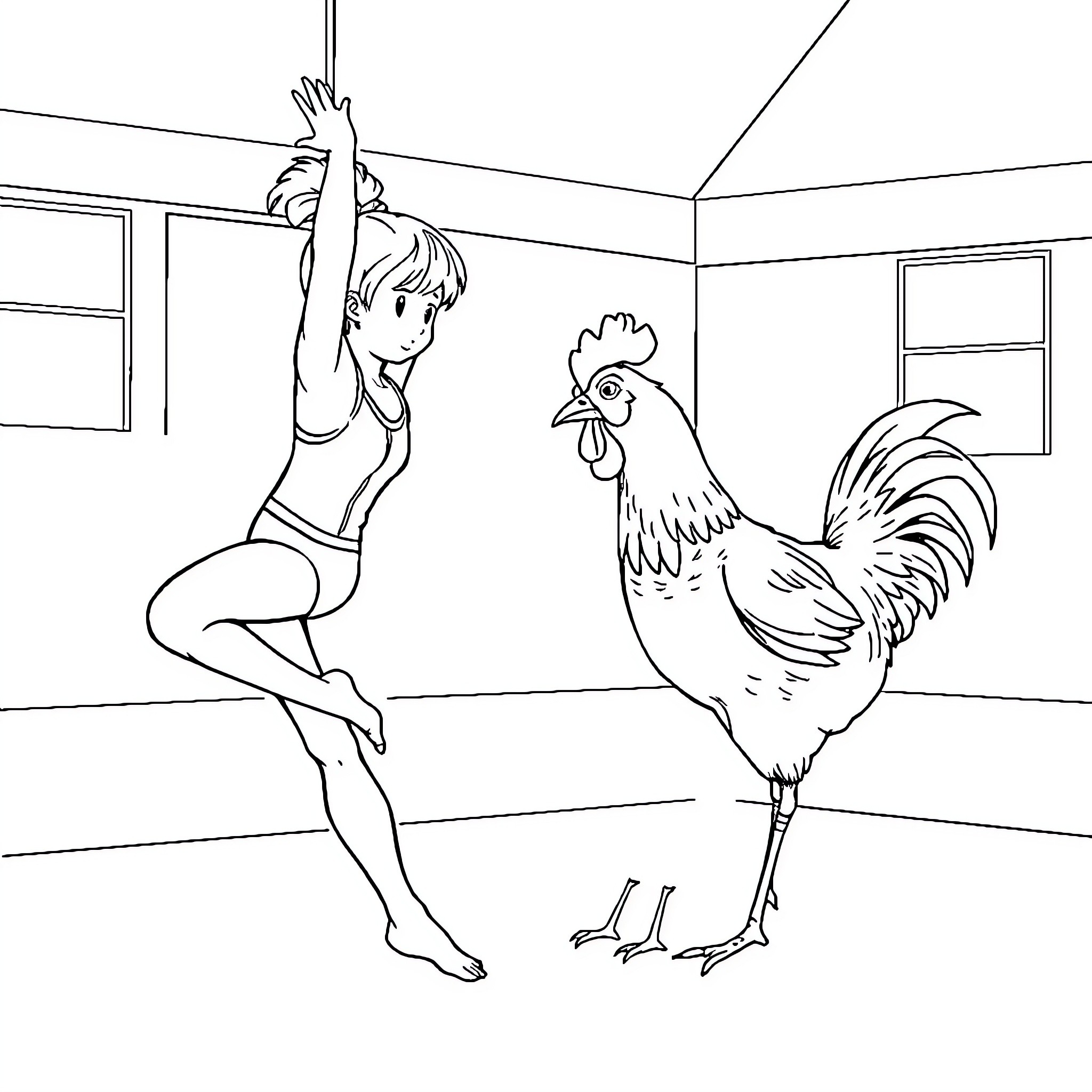 Chicken and human performing acrobatics in room Coloring Page (free black-and-white line drawing printable PDF for all, from beginners to advanced learners, including children, teens, adults, and seniors)