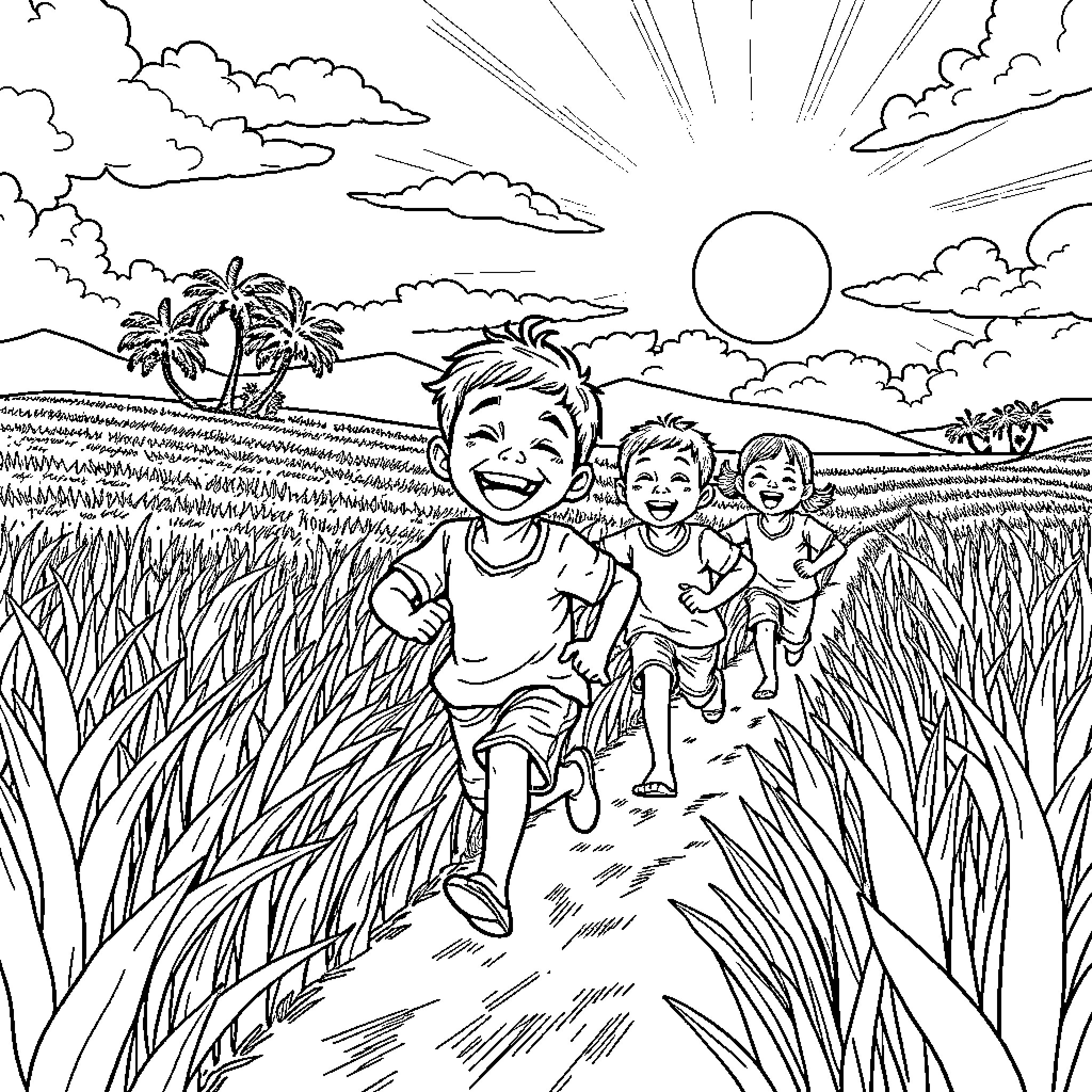 Boys running happily through a tropical field Coloring Page (free black-and-white line drawing printable PDF for all, from beginners to advanced learners, including children, teens, adults, and seniors)
