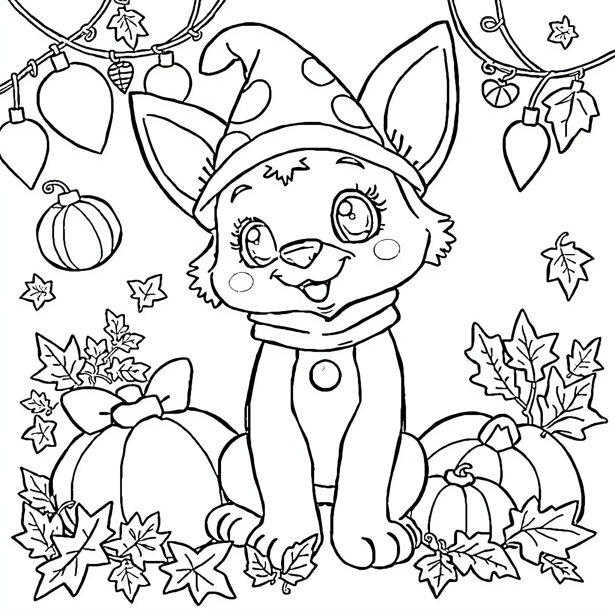 Bluey Joyfully Frolicking in Autumn Wonderland Coloring Page (free black-and-white line drawing printable PDF for all, from beginners to advanced learners, including children, teens, adults, and seniors)