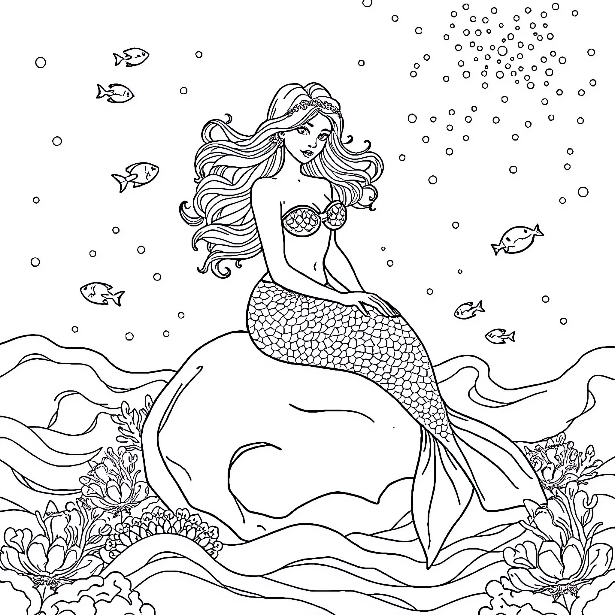 Mermaid swimming gracefully in the underwater world Coloring Page (free black-and-white line drawing printable PDF for all, from beginners to advanced learners, including children, teens, adults, and seniors)