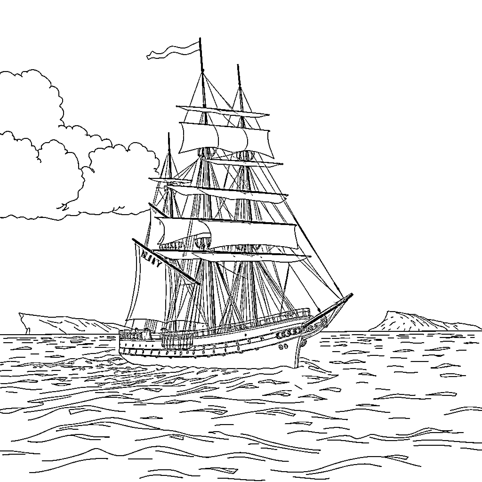 Ship sailing majestically across the open waters Coloring Page (free black-and-white line drawing printable PDF for all, from beginners to advanced learners, including children, teens, adults, and seniors)
