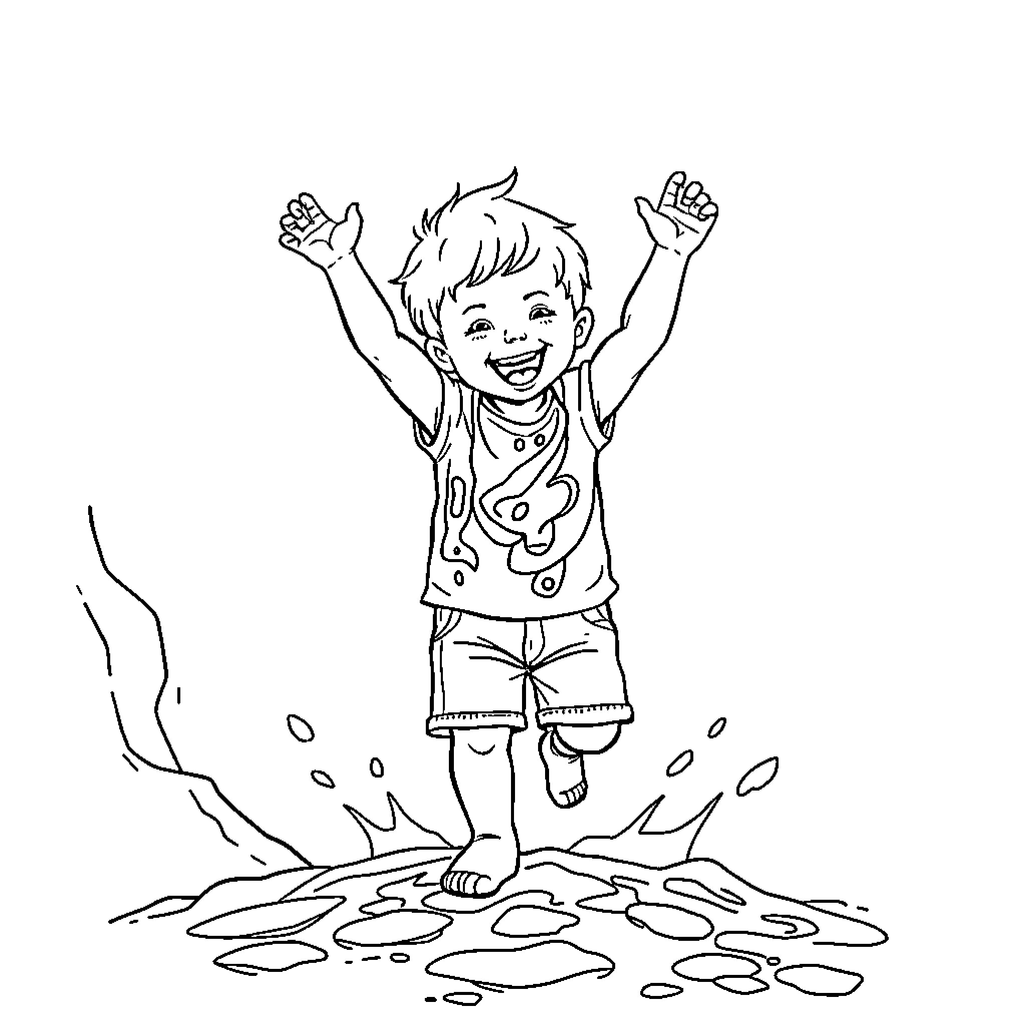 Toddler jumping happily in puddles Coloring Page (free black-and-white line drawing printable PDF for all, from beginners to advanced learners, including children, teens, adults, and seniors)