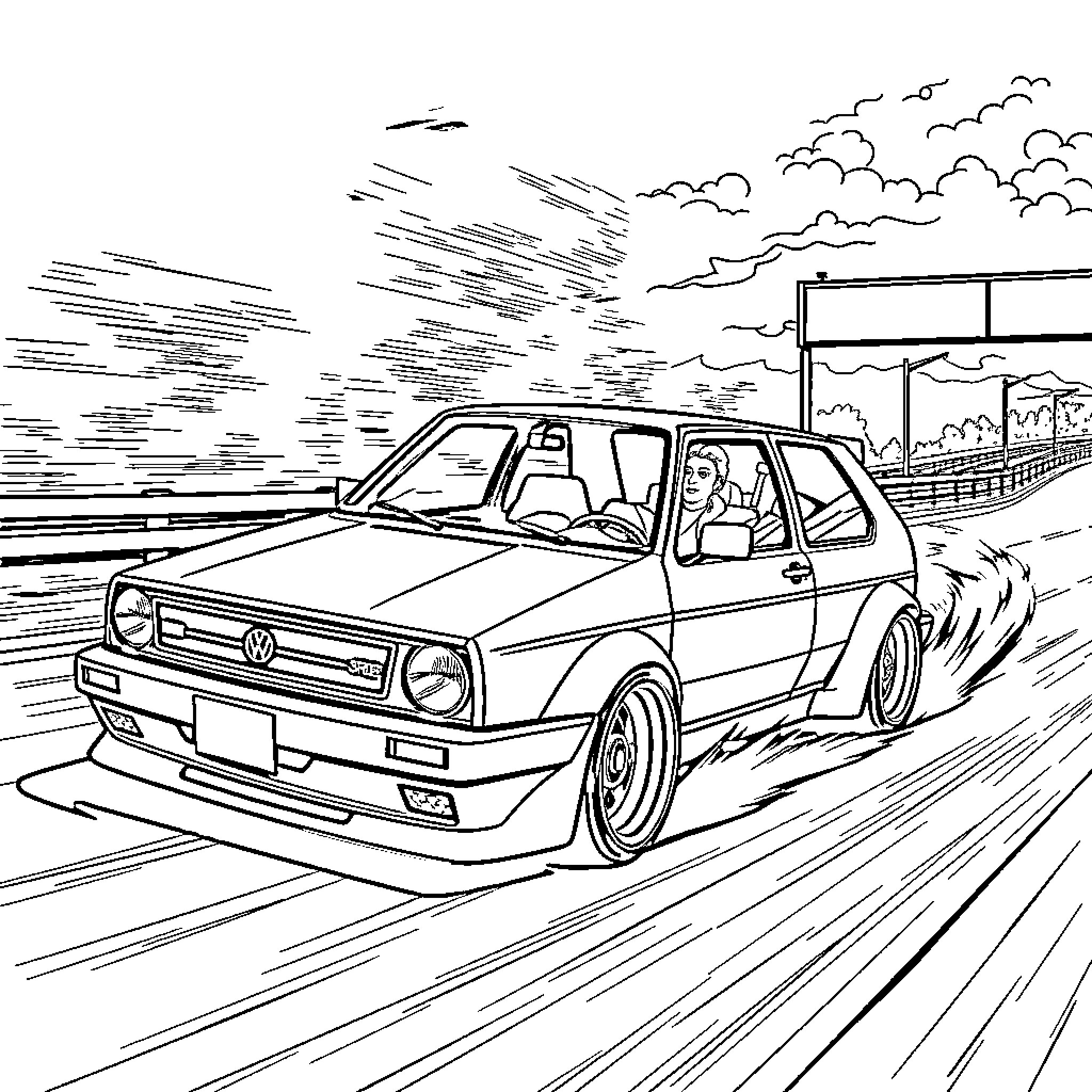 Golf car speeding along winding road Coloring Page (free black-and-white line drawing printable PDF for all, from beginners to advanced learners, including children, teens, adults, and seniors)