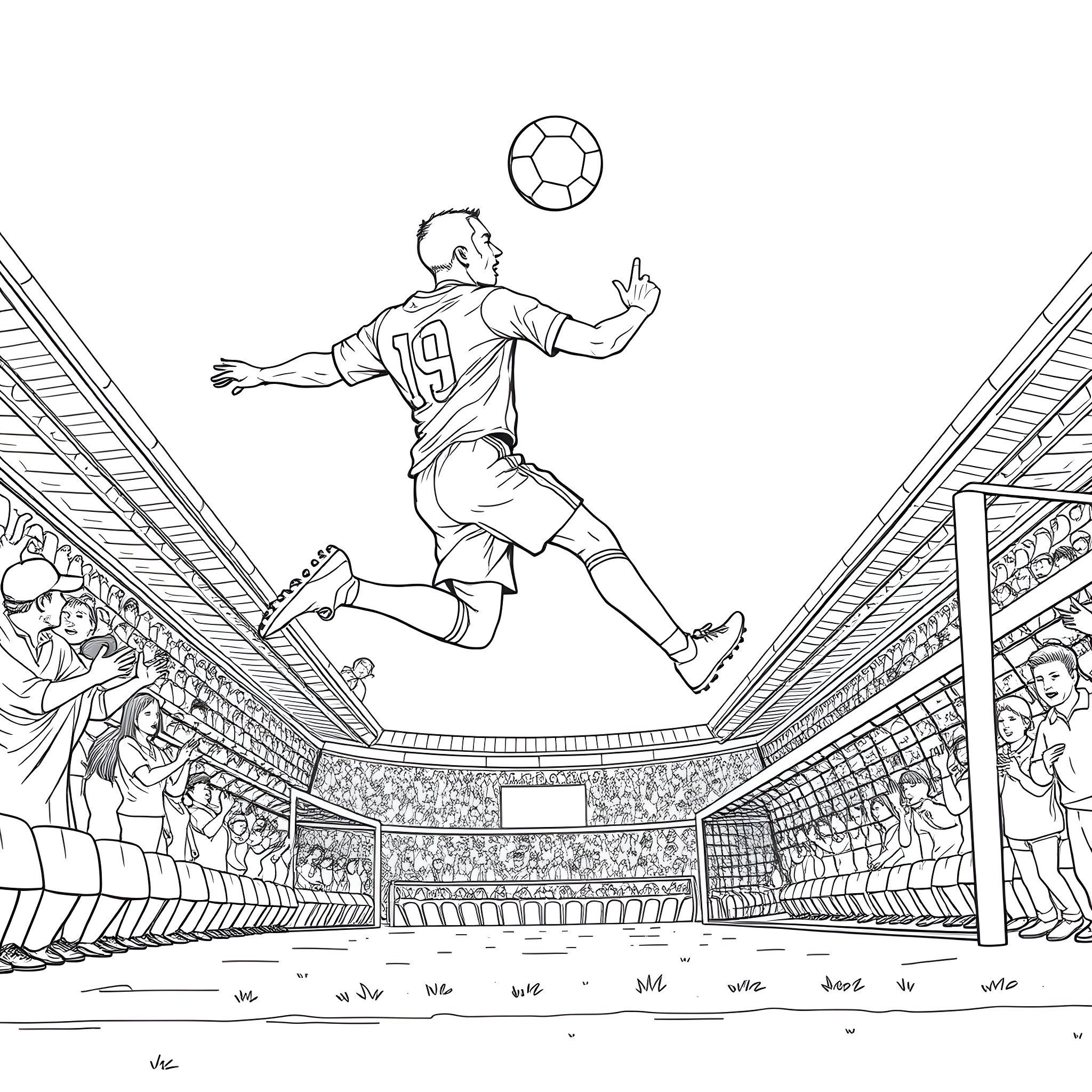 Soccer Player Leaping for the Ball in Stadium Coloring Page (free black-and-white line drawing printable PDF for all, from beginners to advanced learners, including children, teens, adults, and seniors)