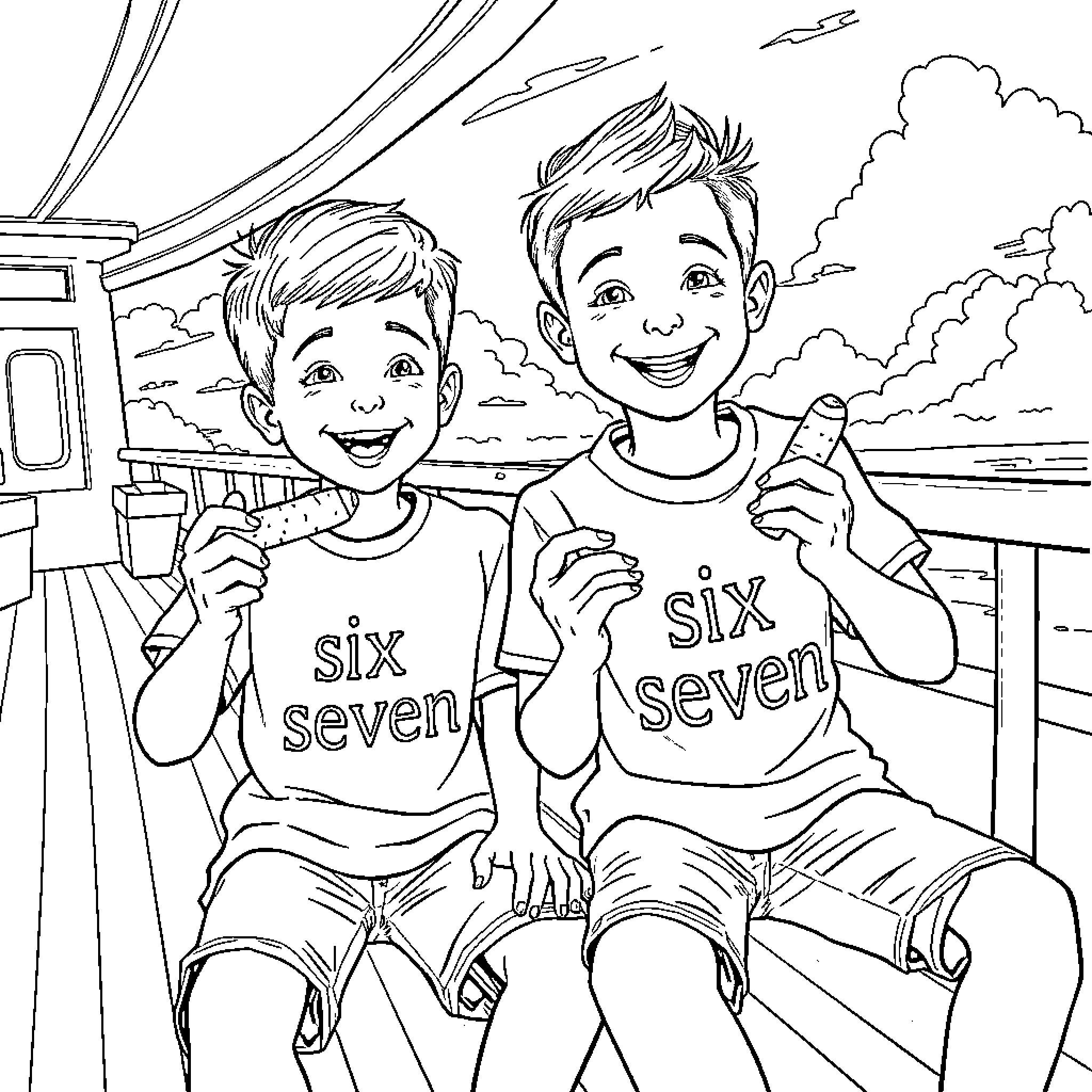 Boys Enjoying Time Together on the Boat Coloring Page (free black-and-white line drawing printable PDF for all, from beginners to advanced learners, including children, teens, adults, and seniors)