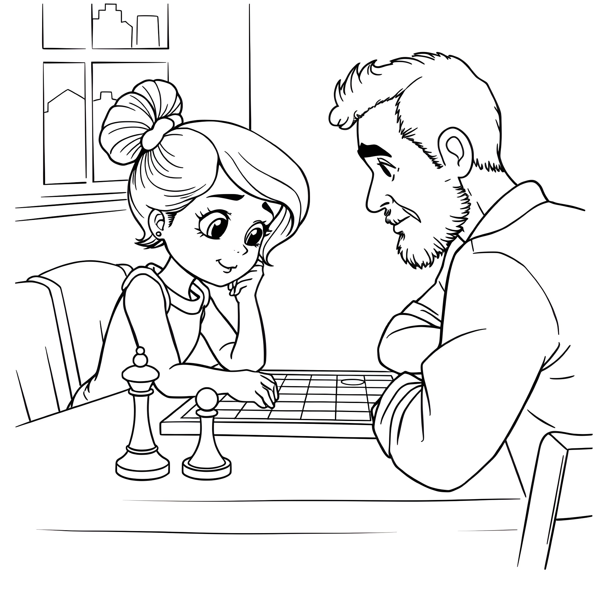 Bluey and Dad Playing Chess Together Coloring Page (free black-and-white line drawing printable PDF for all, from beginners to advanced learners, including children, teens, adults, and seniors)
