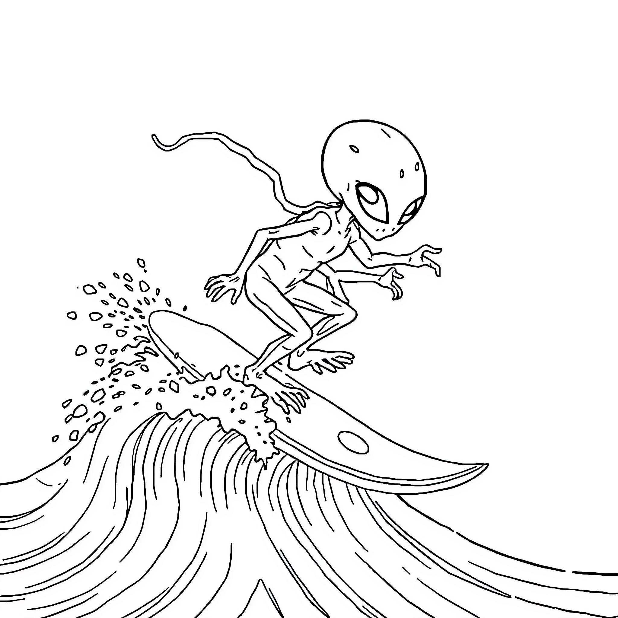 Alien surfing on a cosmic wave Coloring Page (free black-and-white line drawing printable PDF for all, from beginners to advanced learners, including children, teens, adults, and seniors)