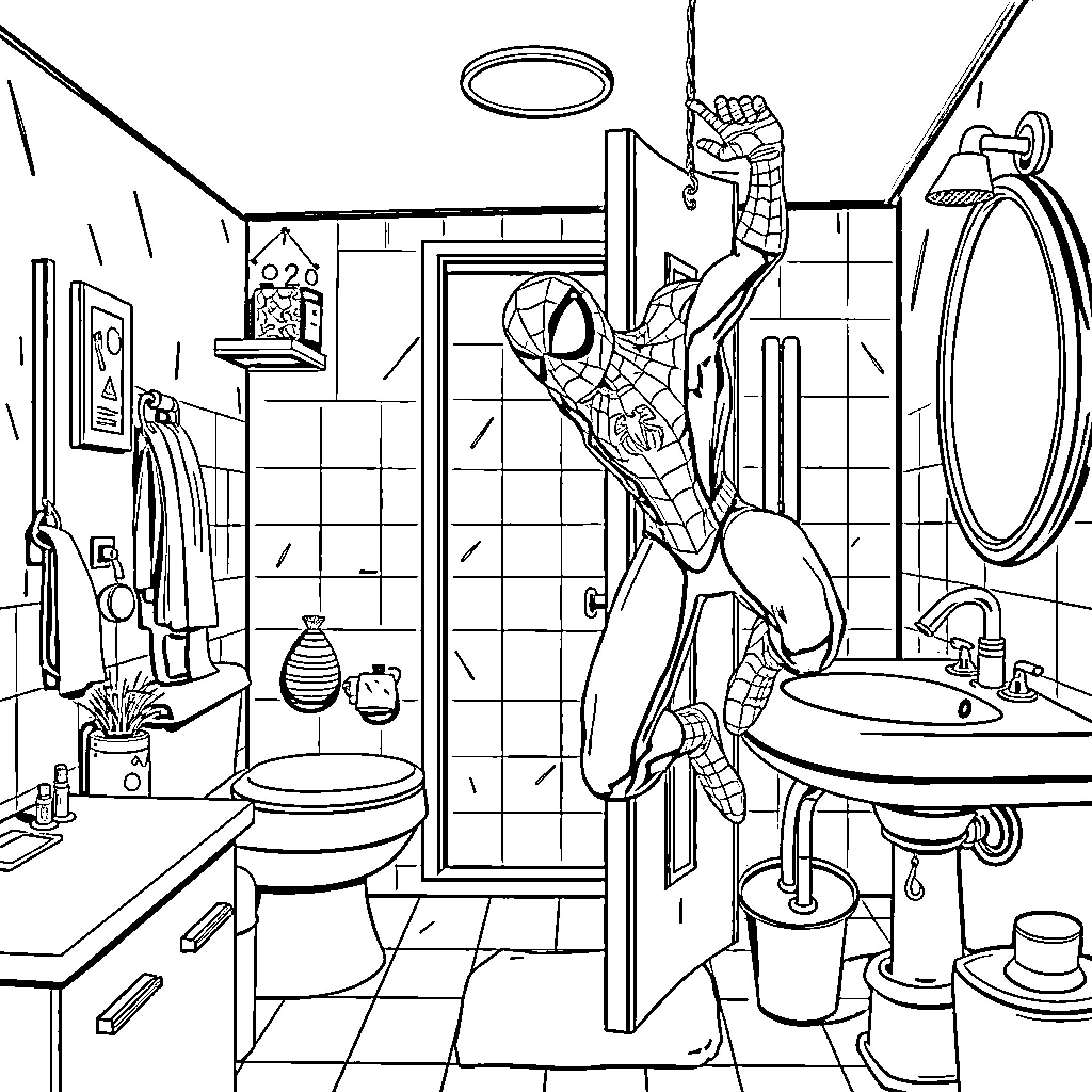 Spiderman heroically scales the bathroom walls Coloring Page (free black-and-white line drawing printable PDF for all, from beginners to advanced learners, including children, teens, adults, and seniors)