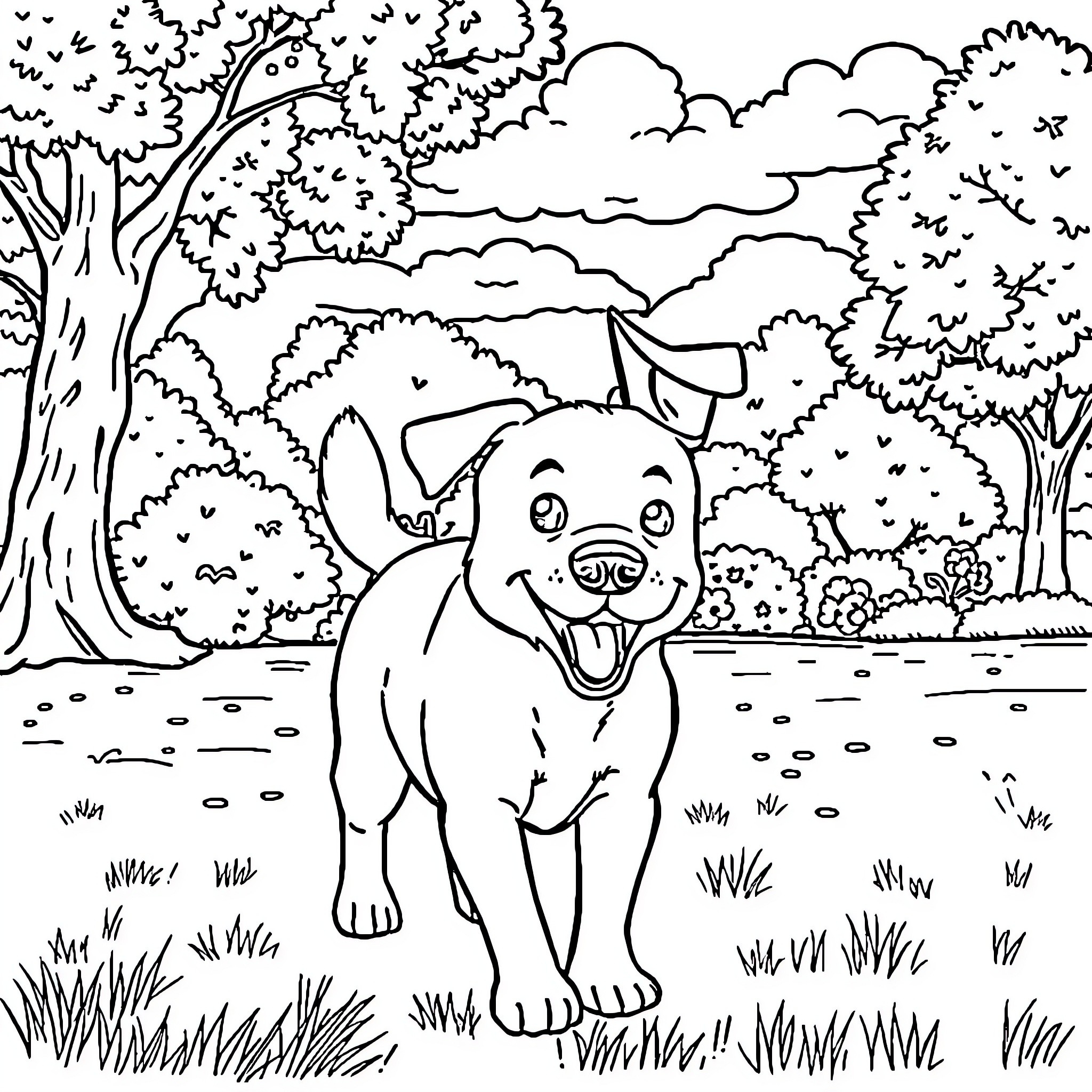 Dog playing happily in the forest Coloring Page (free black-and-white line drawing printable PDF for all, from beginners to advanced learners, including children, teens, adults, and seniors)