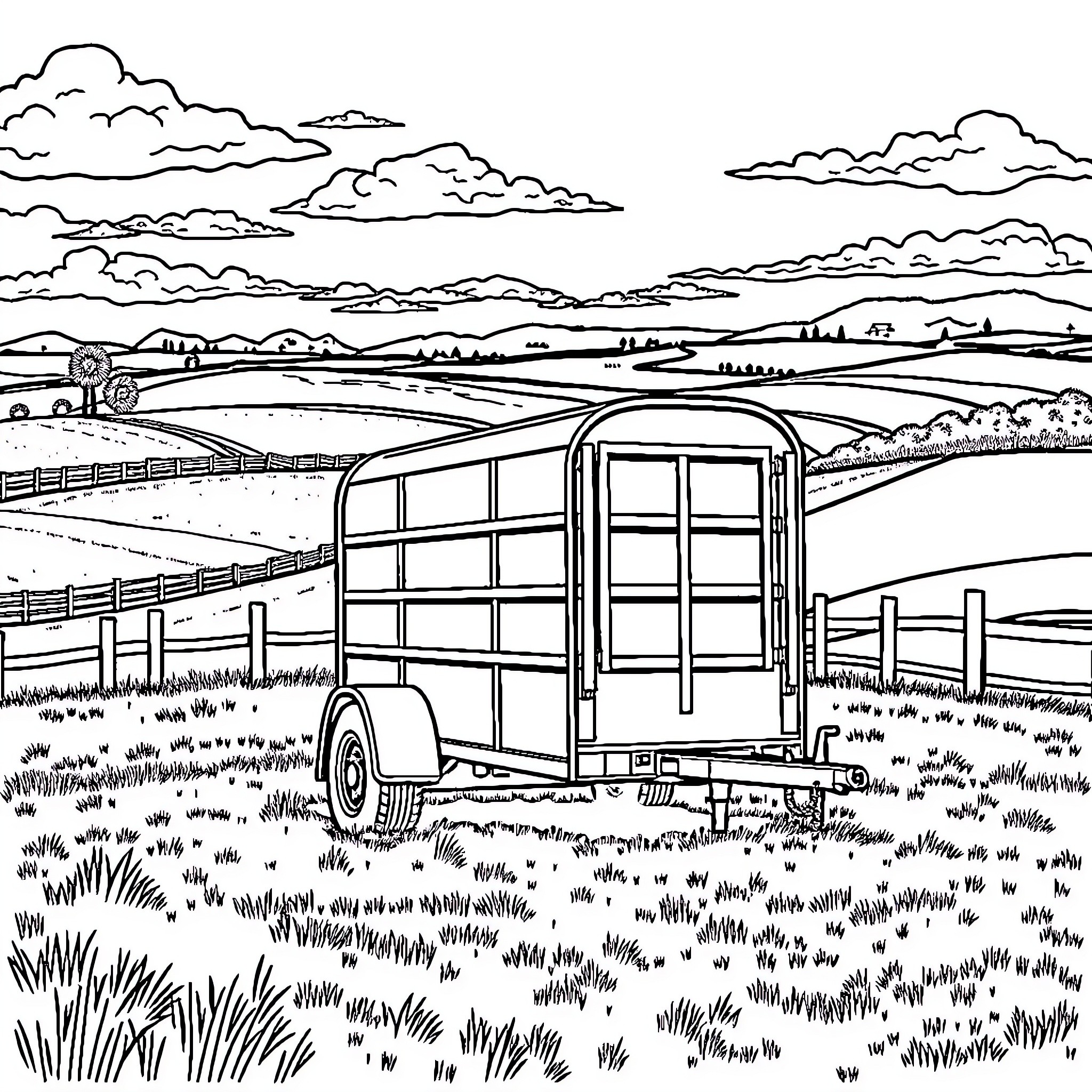 Livestock Trailer on a Pastoral Countryside Landscape Coloring Page (free black-and-white line drawing printable PDF for all, from beginners to advanced learners, including children, teens, adults, and seniors)
