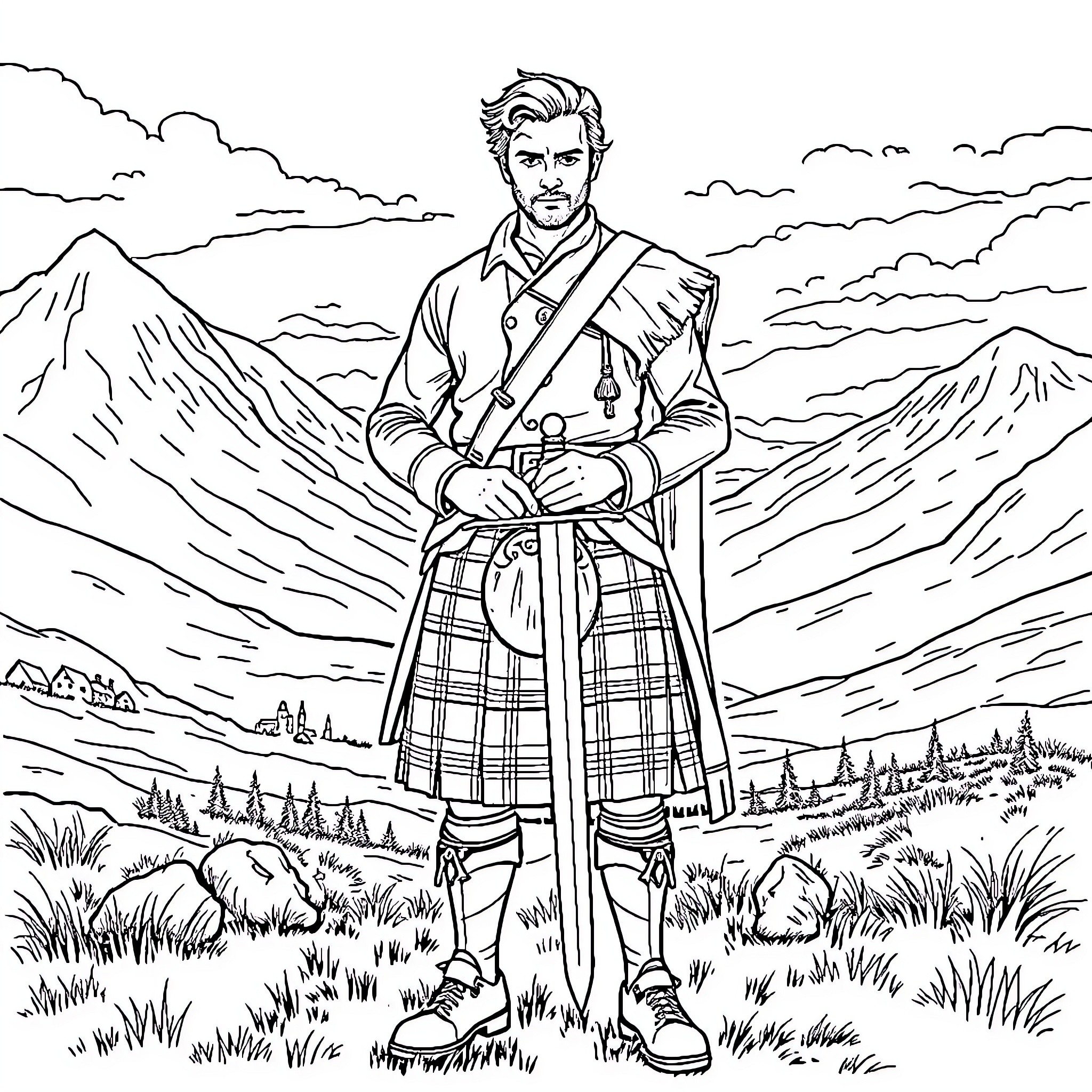 Jamie Fraser, a Highlander in the Scottsh Highlands Coloring Page (free black-and-white line drawing printable PDF for all, from beginners to advanced learners, including children, teens, adults, and seniors)