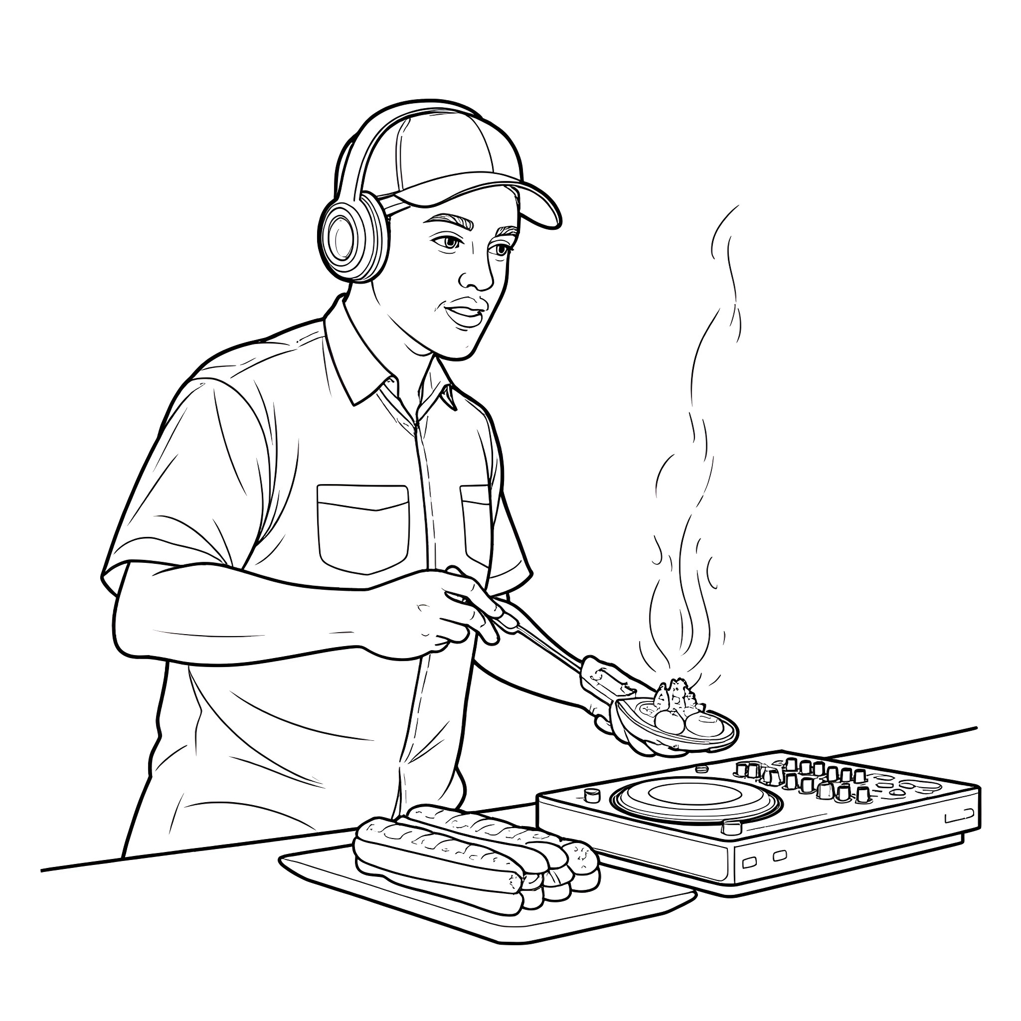 Sound Tech Mixing Music at Turntables Coloring Page (free black-and-white line drawing printable PDF for all, from beginners to advanced learners, including children, teens, adults, and seniors)