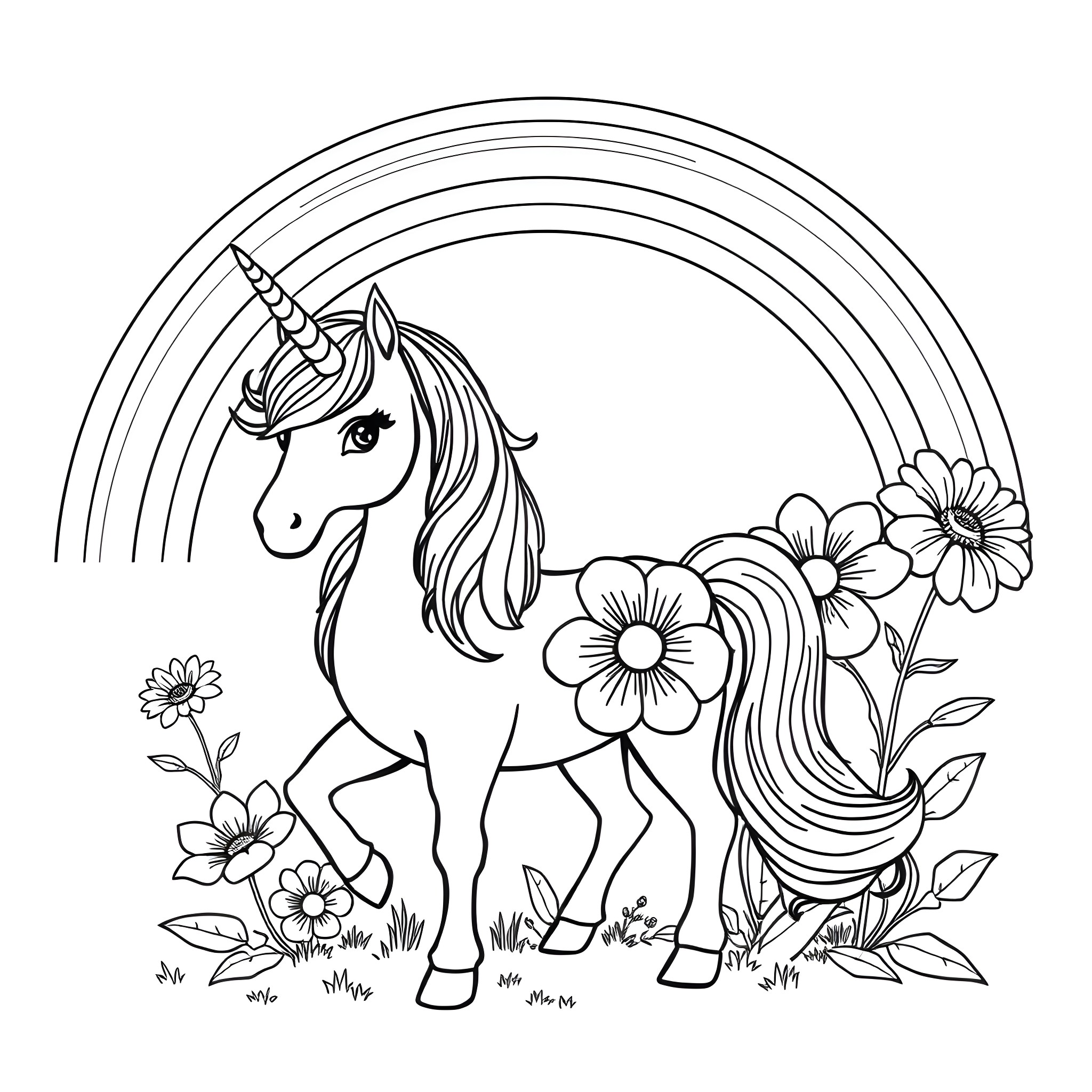 Unicorn surrounded by flowers and rainbows Coloring Page (free black-and-white line drawing printable PDF for all, from beginners to advanced learners, including children, teens, adults, and seniors)