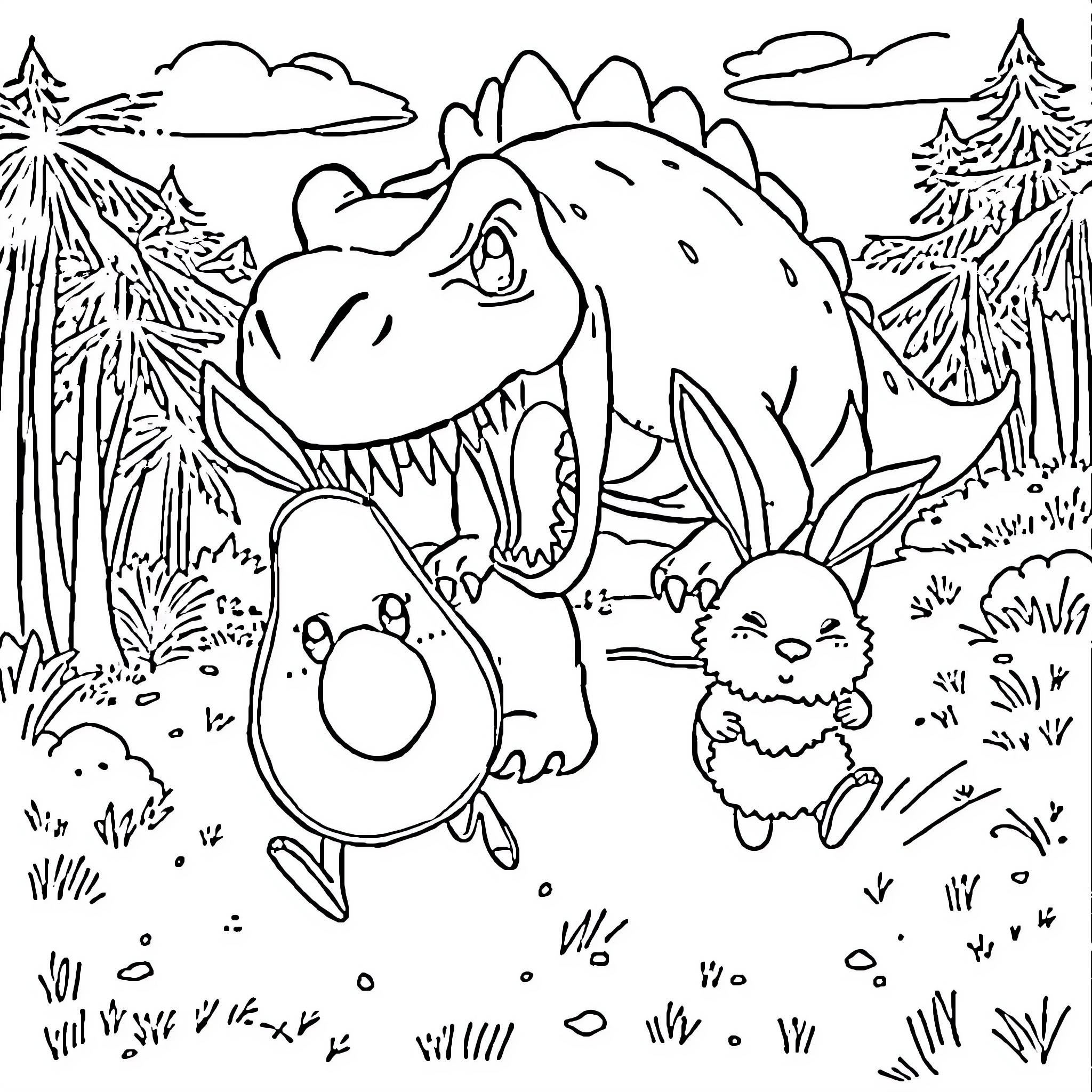 Avocado dinosaur and cute bunny adventure in nature Coloring Page (free black-and-white line drawing printable PDF for all, from beginners to advanced learners, including children, teens, adults, and seniors)