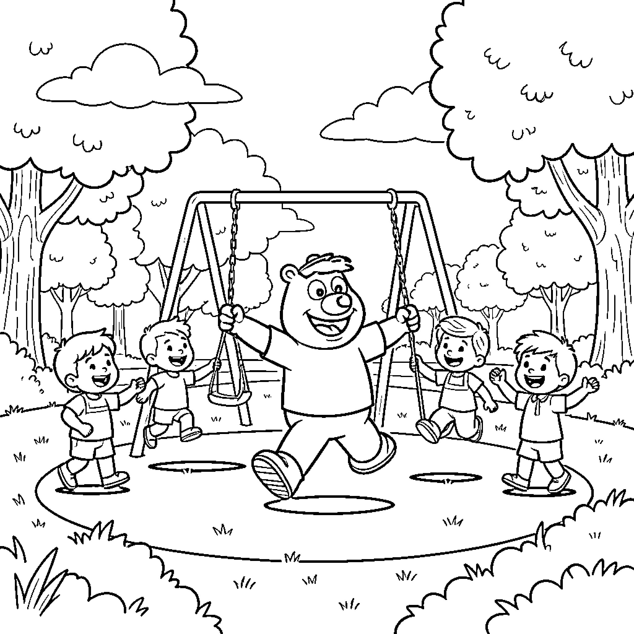 Barney enjoying playtime with kids in the park Coloring Page (free black-and-white line drawing printable PDF for all, from beginners to advanced learners, including children, teens, adults, and seniors)