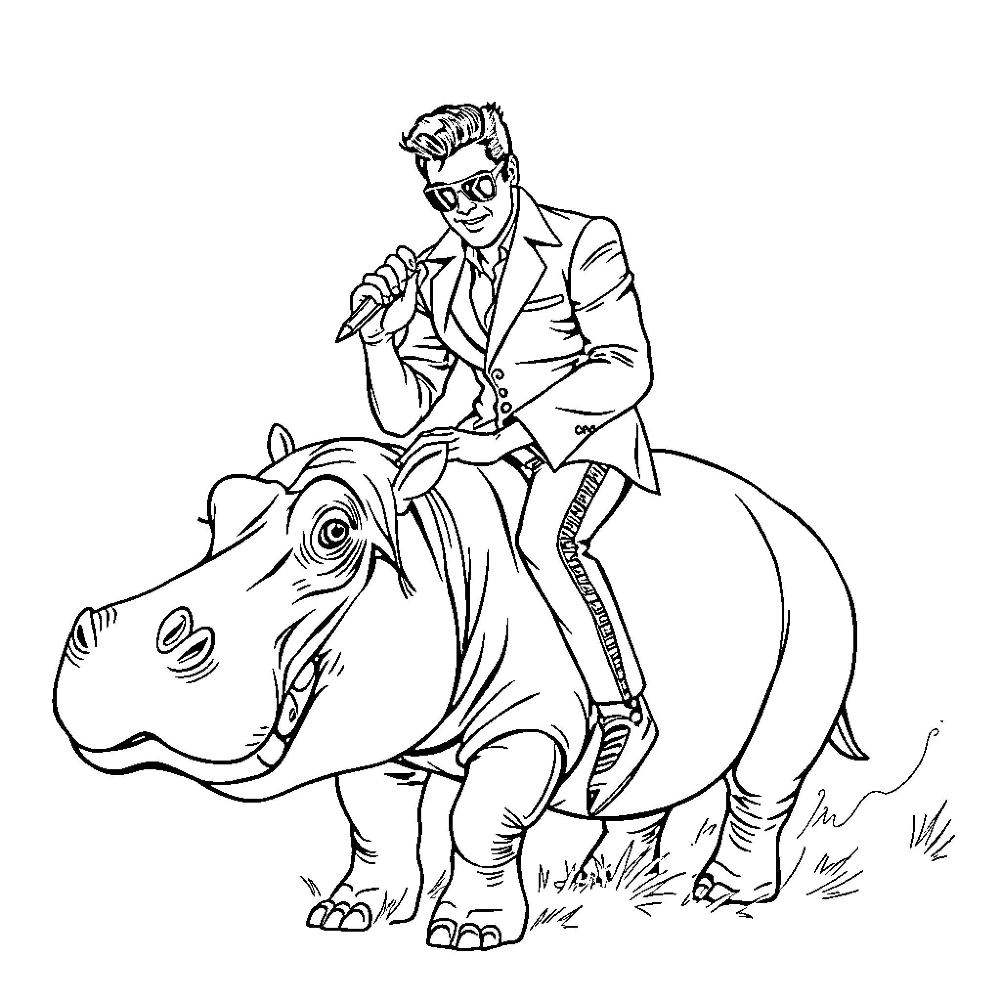 Elvis riding a whimsical hippopotamus Coloring Page (free black-and-white line drawing printable PDF for all, from beginners to advanced learners, including children, teens, adults, and seniors)