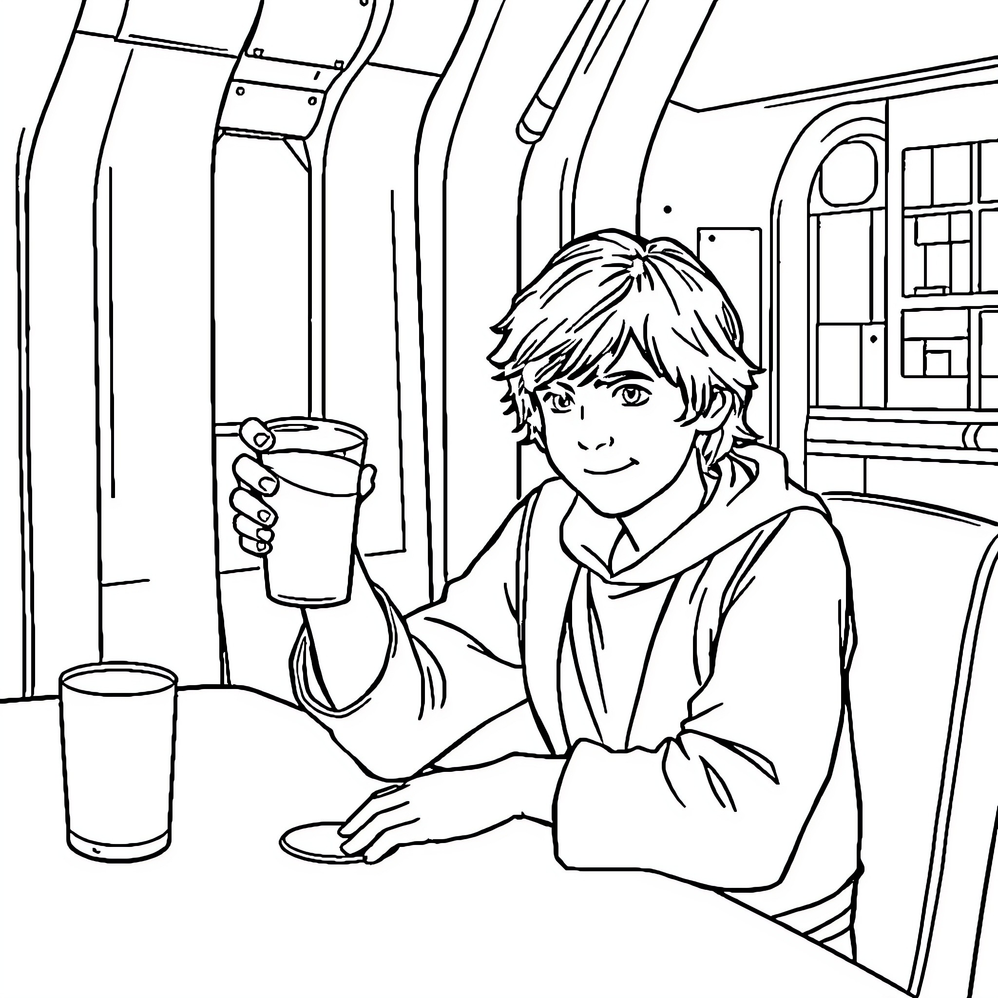 Luke Skywalker enjoys a warm beverage in a cozy setting Coloring Page (free black-and-white line drawing printable PDF for all, from beginners to advanced learners, including children, teens, adults, and seniors)