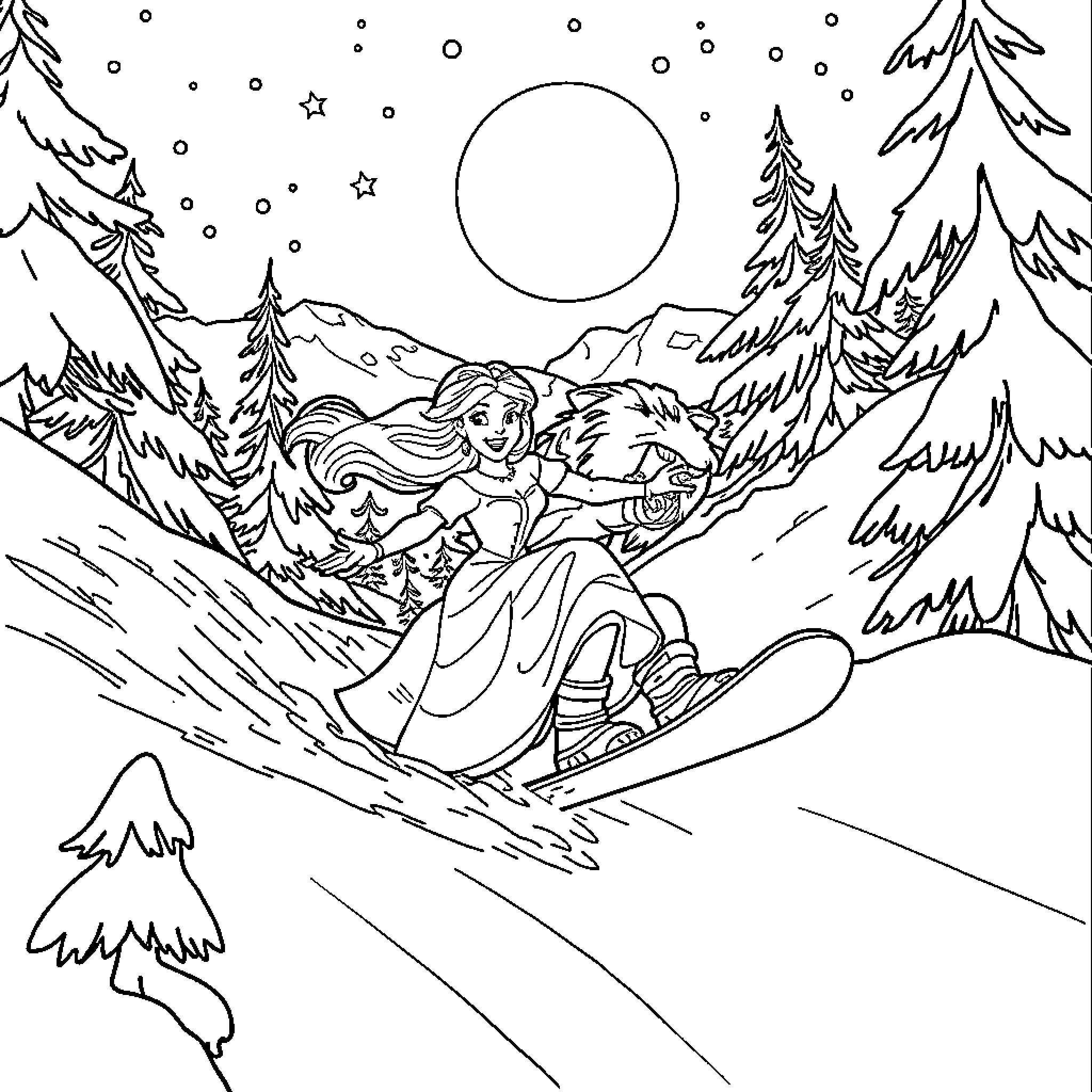 Beauty And The Beast Snowboarding Through Snowy Wonderland Coloring Page (free black-and-white line drawing printable PDF for all, from beginners to advanced learners, including children, teens, adults, and seniors)