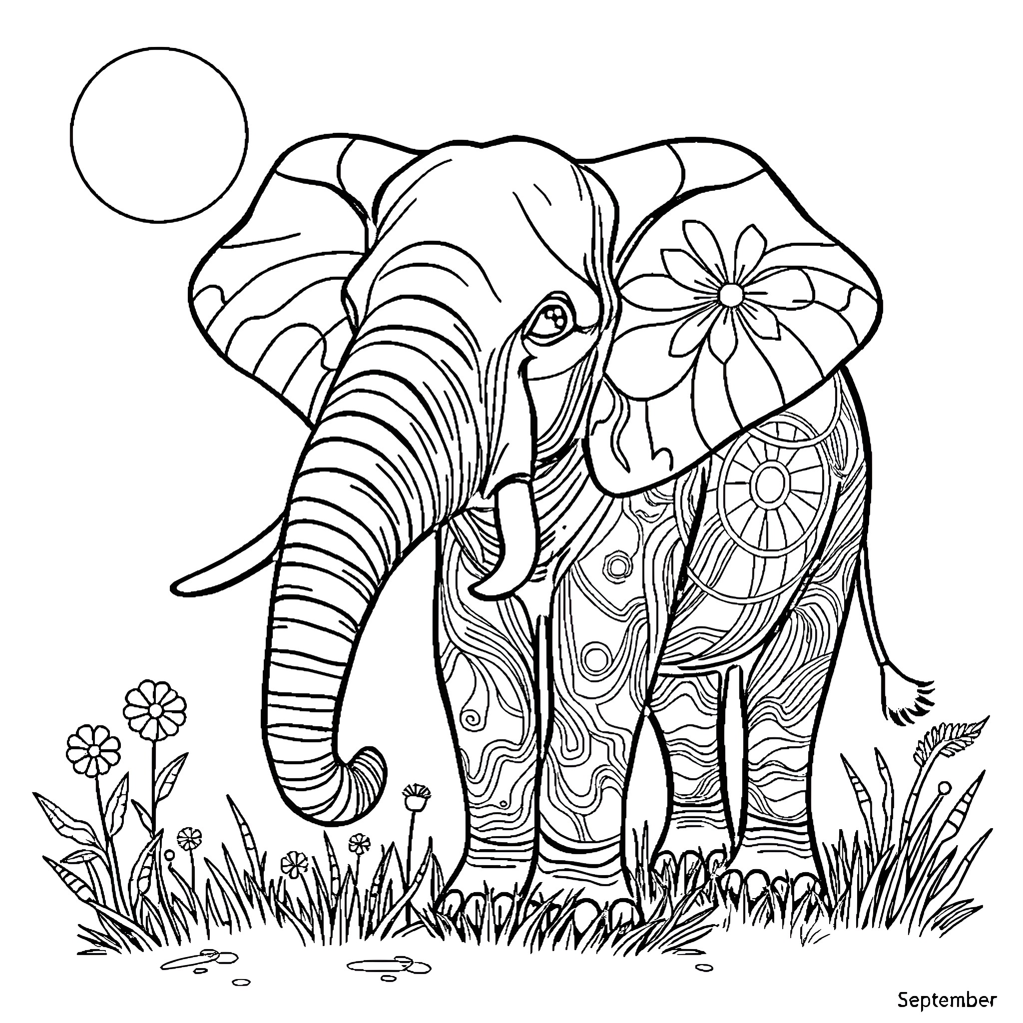 Elephant adorned with floral patterns amidst nature Coloring Page (free black-and-white line drawing printable PDF for all, from beginners to advanced learners, including children, teens, adults, and seniors)
