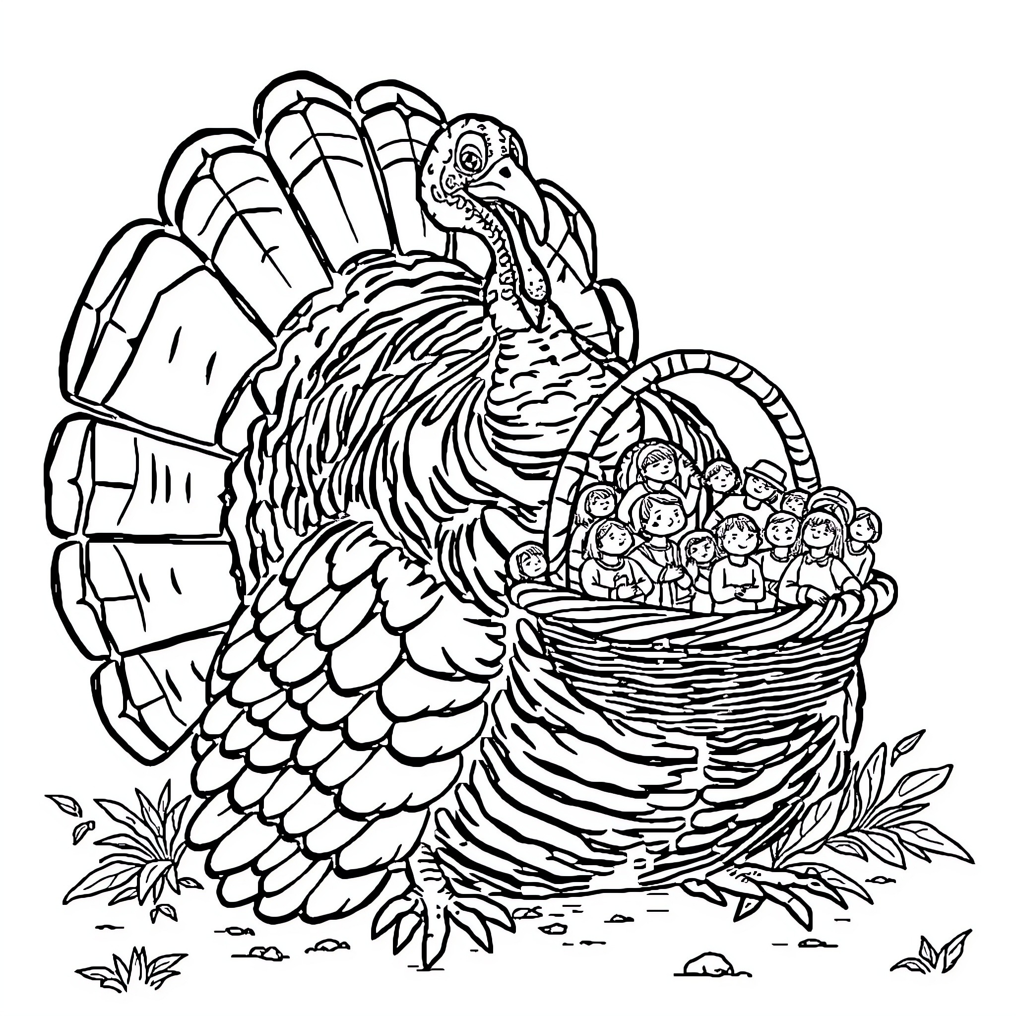 Turkey with basket of adorable figures Coloring Page (free black-and-white line drawing printable PDF for all, from beginners to advanced learners, including children, teens, adults, and seniors)