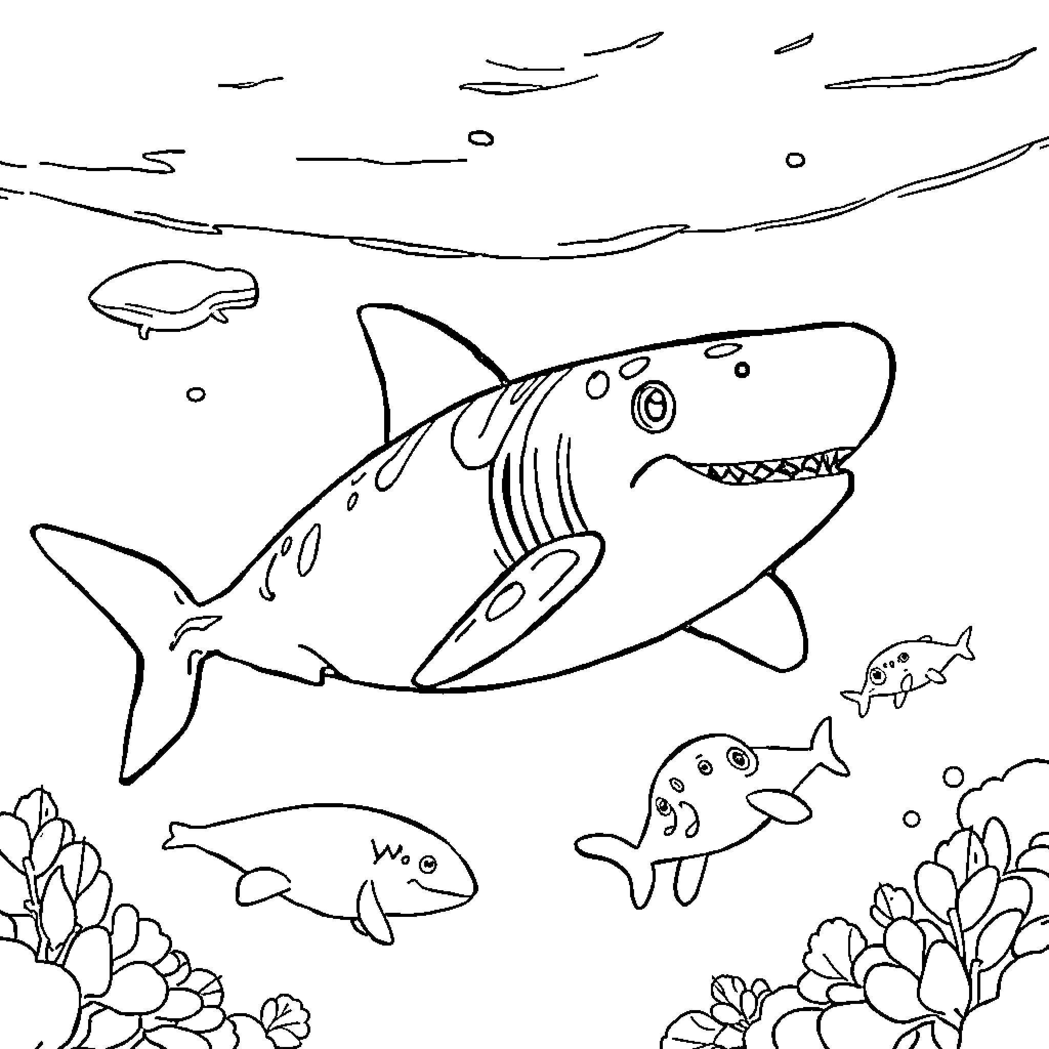 Tiburon sharks exploring the underwater world Coloring Page (free black-and-white line drawing printable PDF for all, from beginners to advanced learners, including children, teens, adults, and seniors)