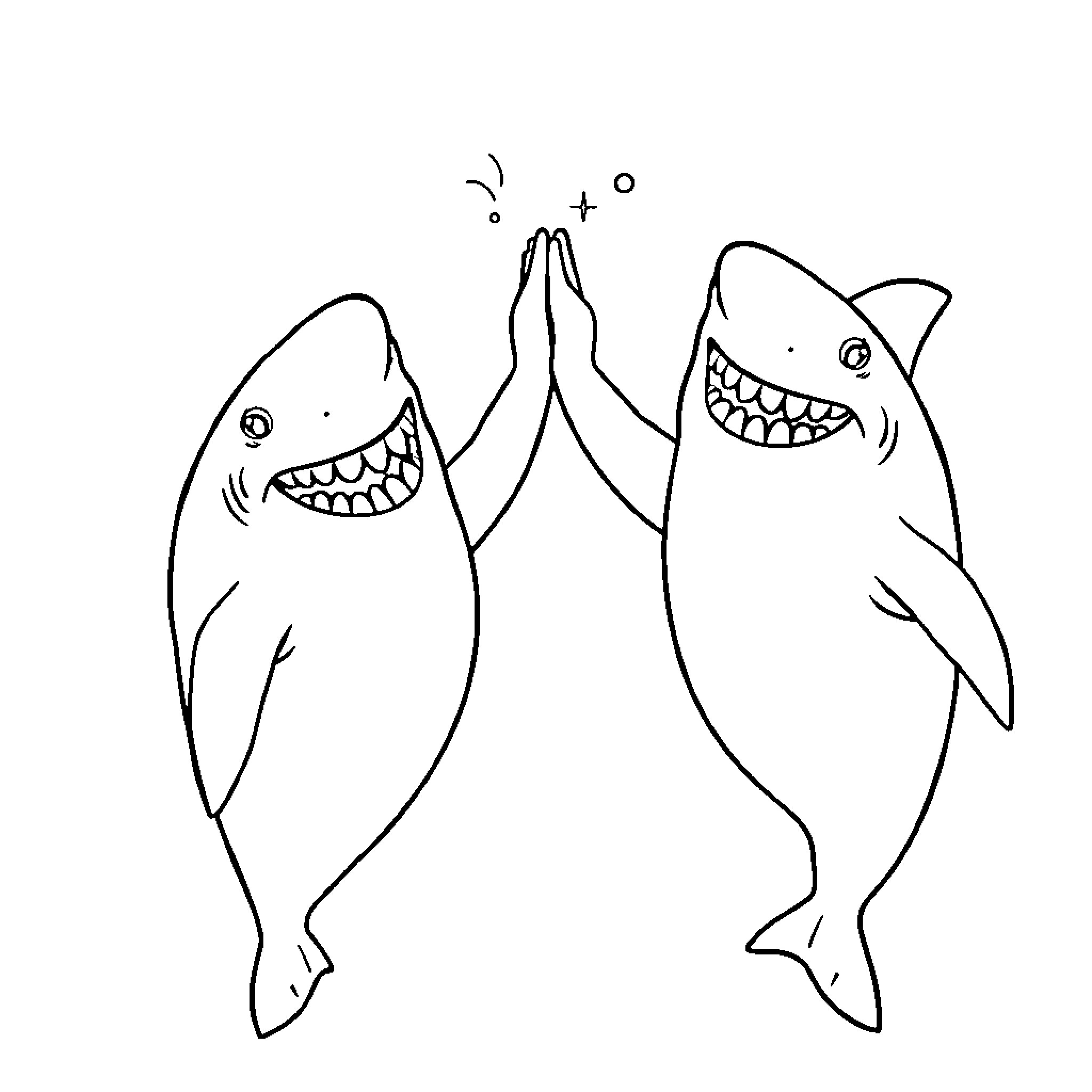 Sharks celebrating happily together Coloring Page (free black-and-white line drawing printable PDF for all, from beginners to advanced learners, including children, teens, adults, and seniors)