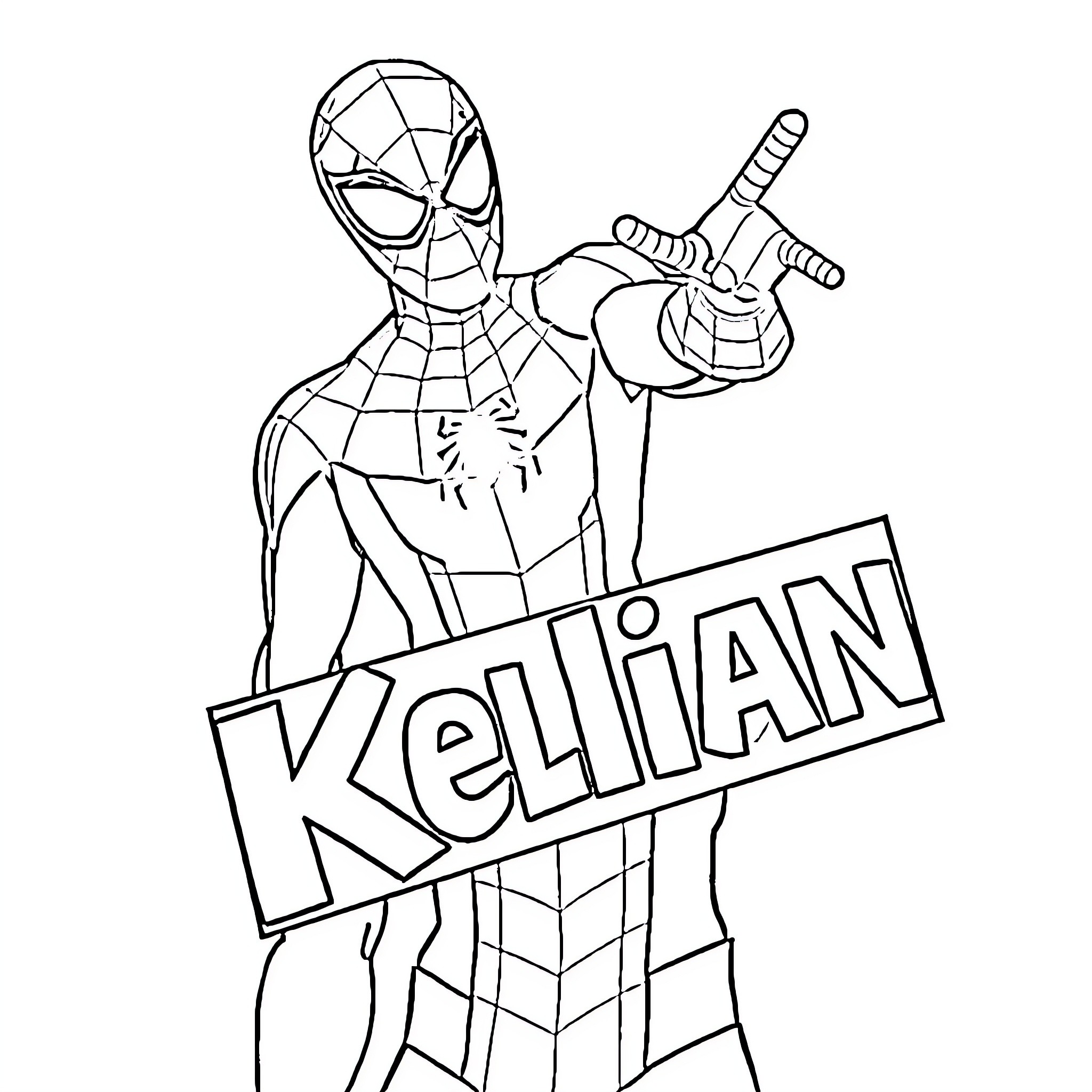 Spiderman posing with Kekian sign Coloring Page (free black-and-white line drawing printable PDF for all, from beginners to advanced learners, including children, teens, adults, and seniors)