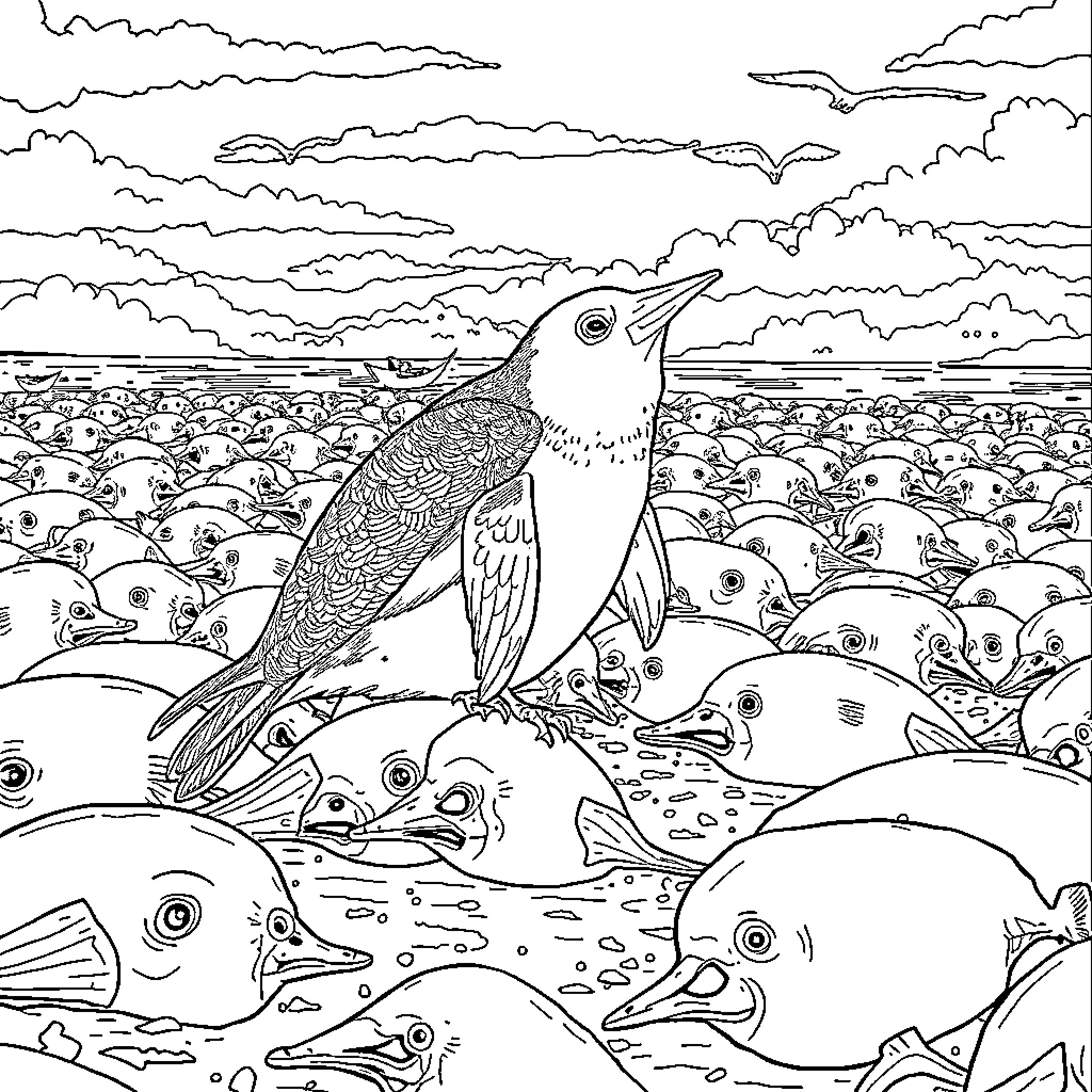 Pelican amidst a flock of fish in the ocean Coloring Page (free black-and-white line drawing printable PDF for all, from beginners to advanced learners, including children, teens, adults, and seniors)