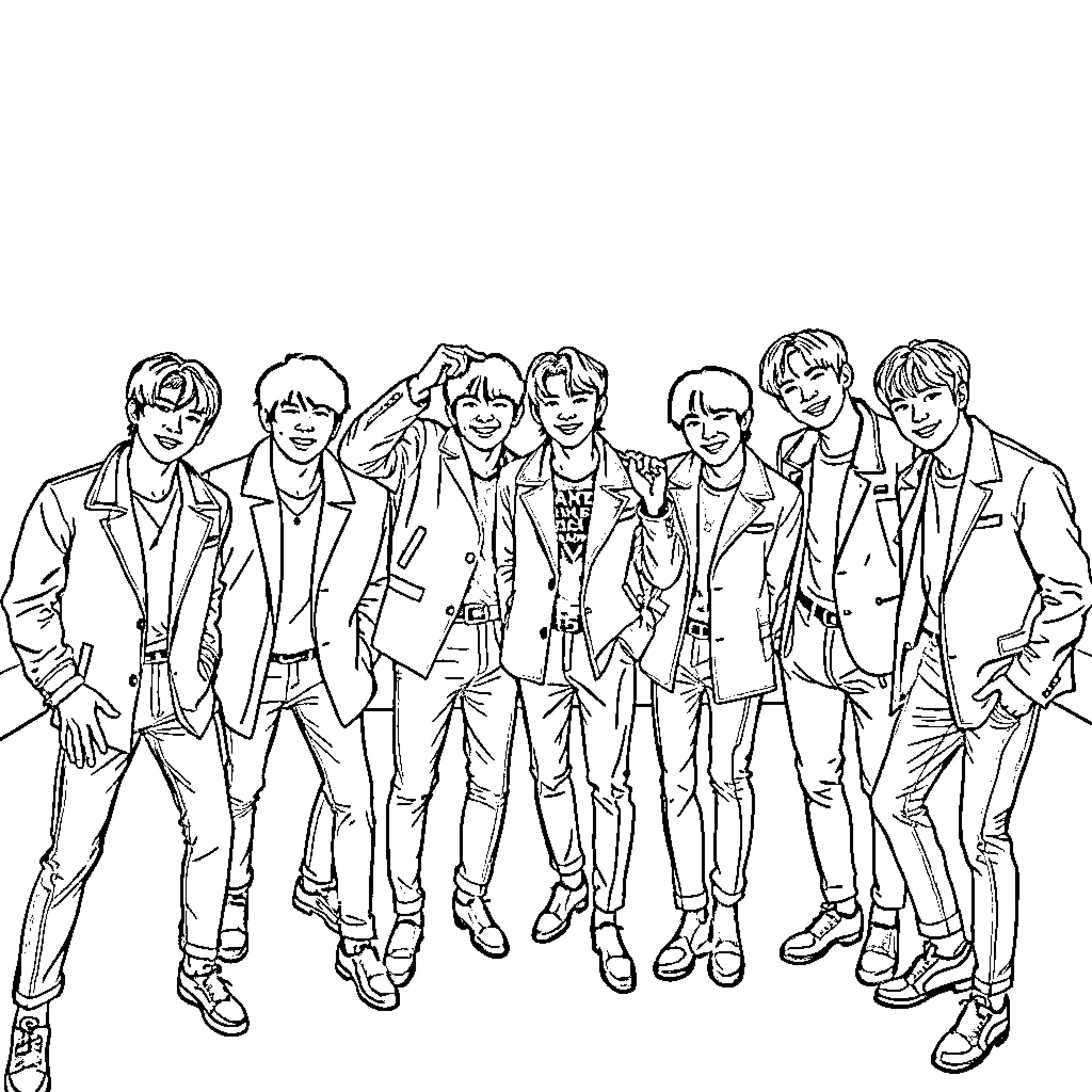 BTS Members Posing Confidently in Coordinated Outfits Coloring Page (free black-and-white line drawing printable PDF for all, from beginners to advanced learners, including children, teens, adults, and seniors)