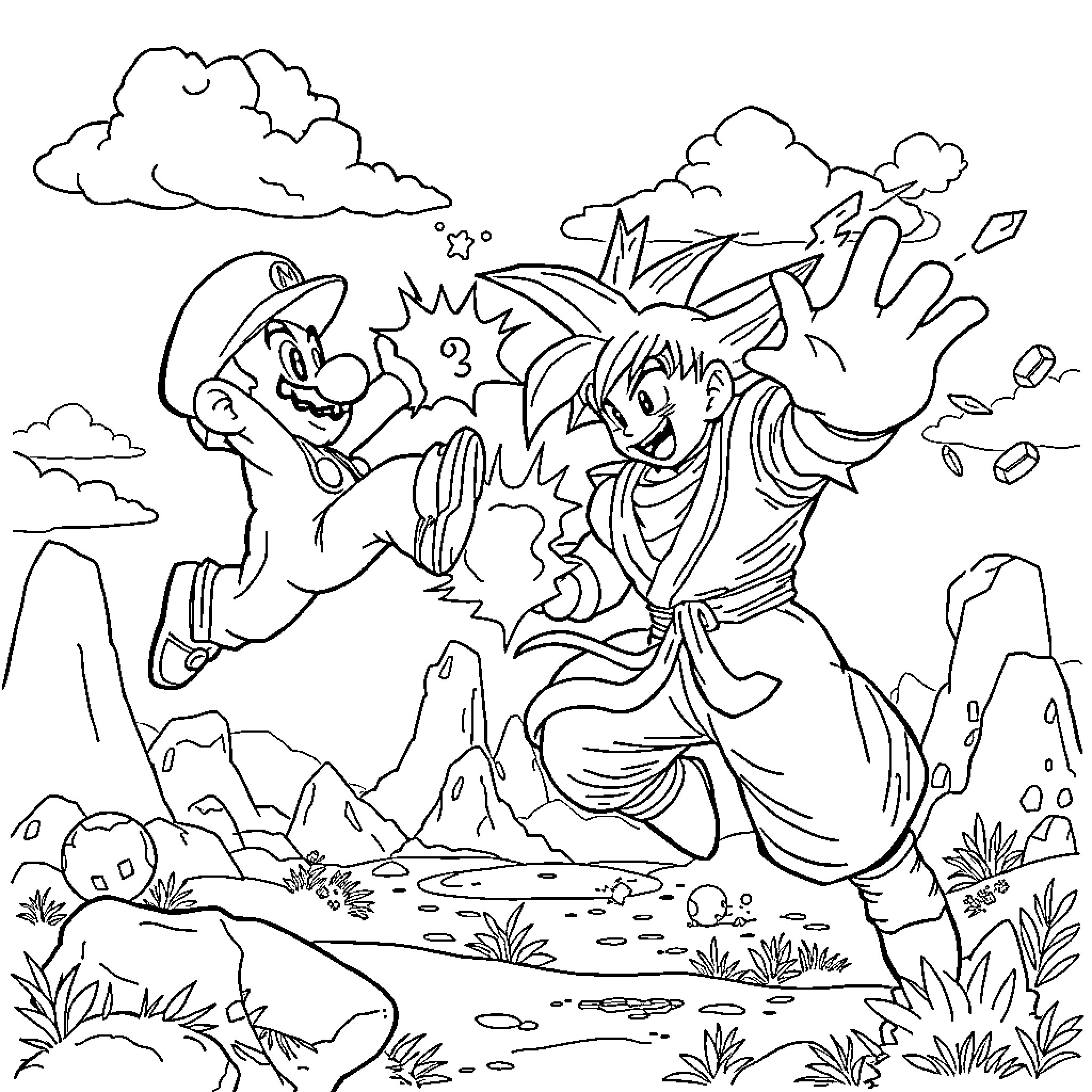 Mario and anime character battling in scenic mountain landscape Coloring Page (free black-and-white line drawing printable PDF for all, from beginners to advanced learners, including children, teens, adults, and seniors)