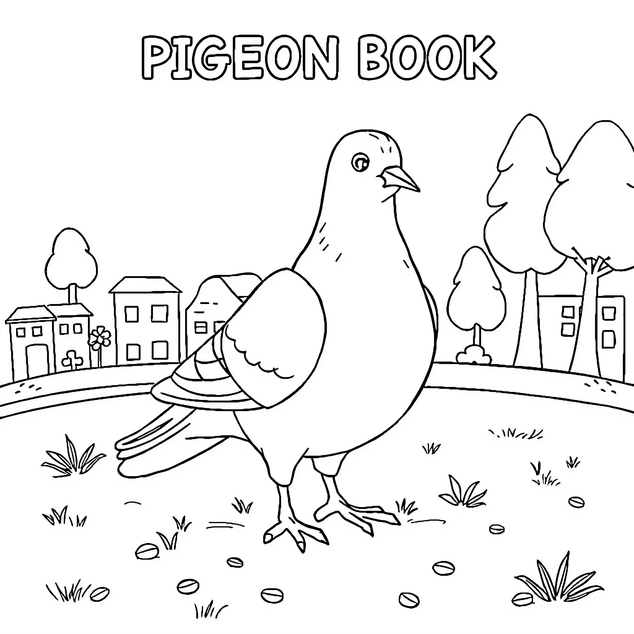Pigeon in the city with buildings and trees Coloring Page (free black-and-white line drawing printable PDF for all, from beginners to advanced learners, including children, teens, adults, and seniors)