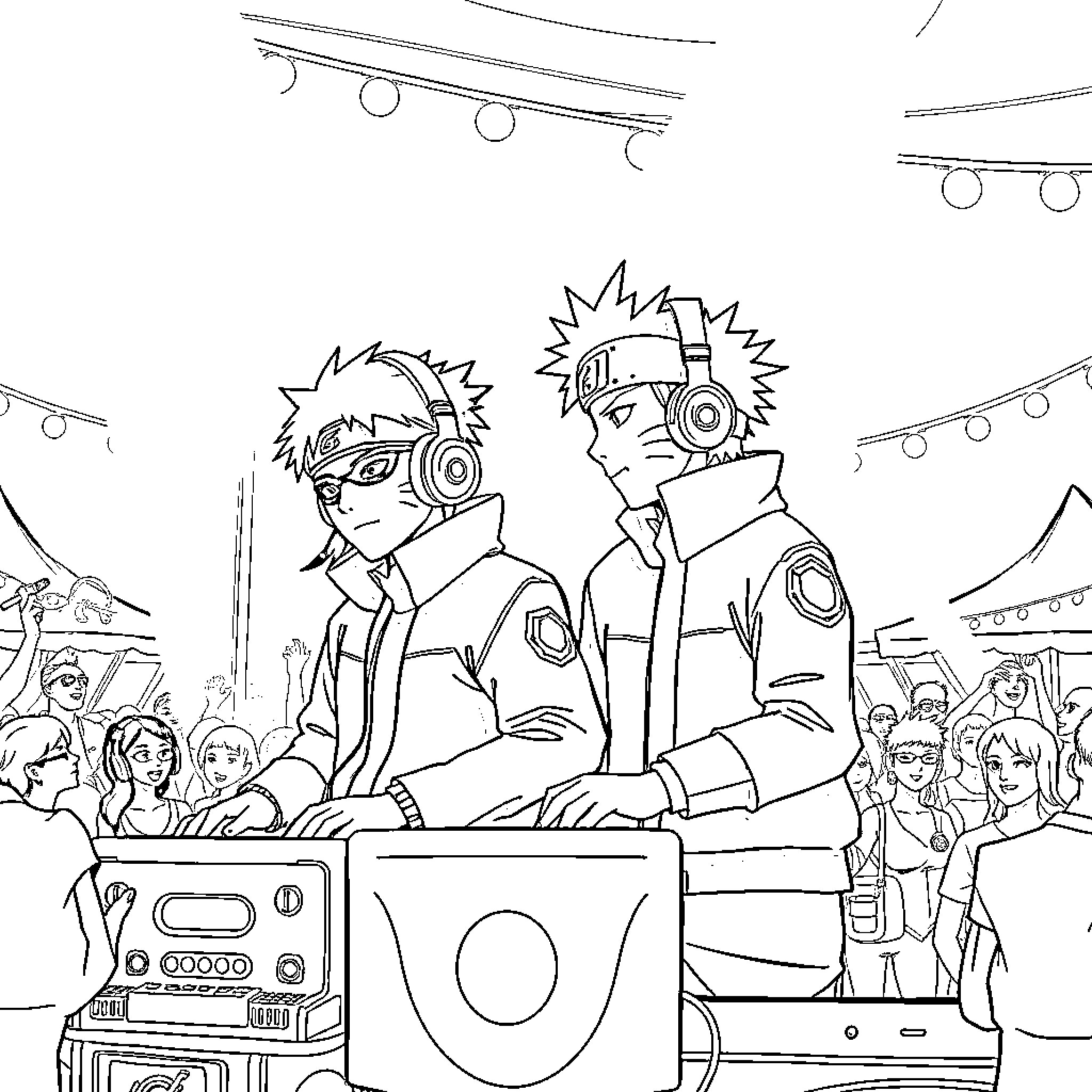 Boruto and Friends Performing at a Music Festival Coloring Page (free black-and-white line drawing printable PDF for all, from beginners to advanced learners, including children, teens, adults, and seniors)