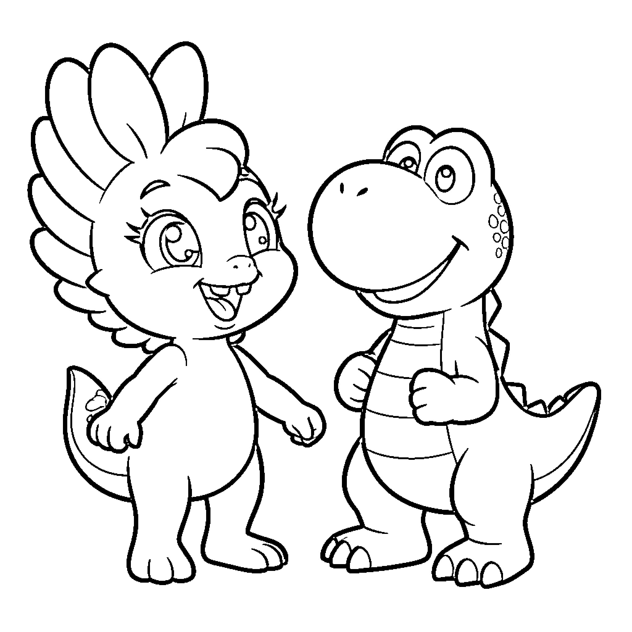 Dashie and Dino playing together happily Coloring Page (free black-and-white line drawing printable PDF for all, from beginners to advanced learners, including children, teens, adults, and seniors)