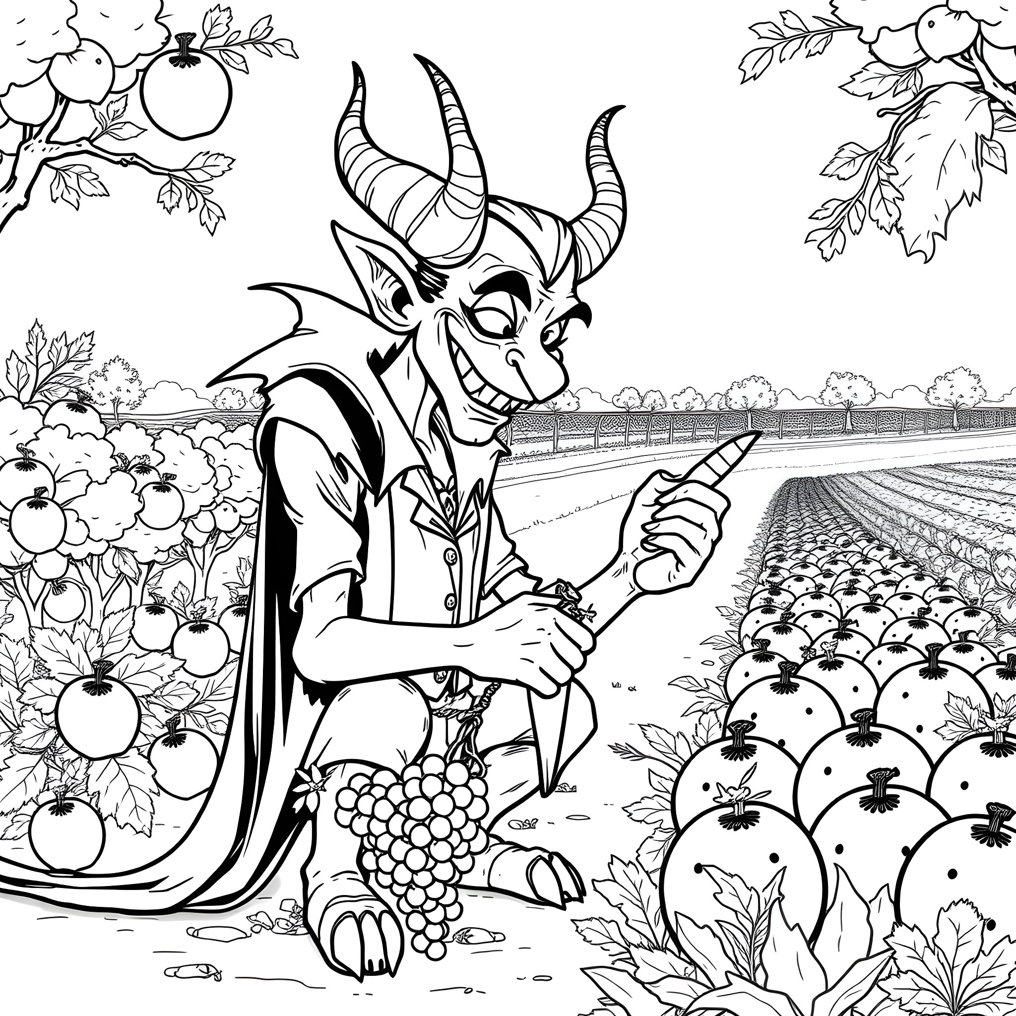 Vampire-like Creature Holding Grapes in a Lush Orchard Coloring Page (free black-and-white line drawing printable PDF for all, from beginners to advanced learners, including children, teens, adults, and seniors)