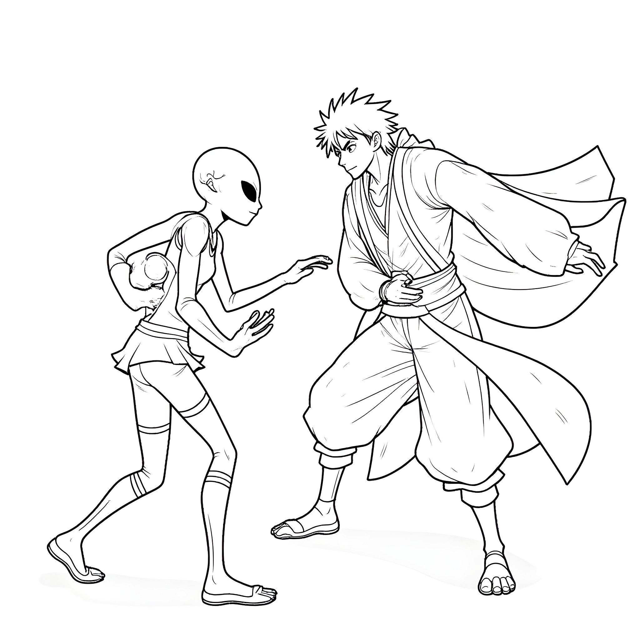 Alien warriors in fierce battle Coloring Page (free black-and-white line drawing printable PDF for all, from beginners to advanced learners, including children, teens, adults, and seniors)