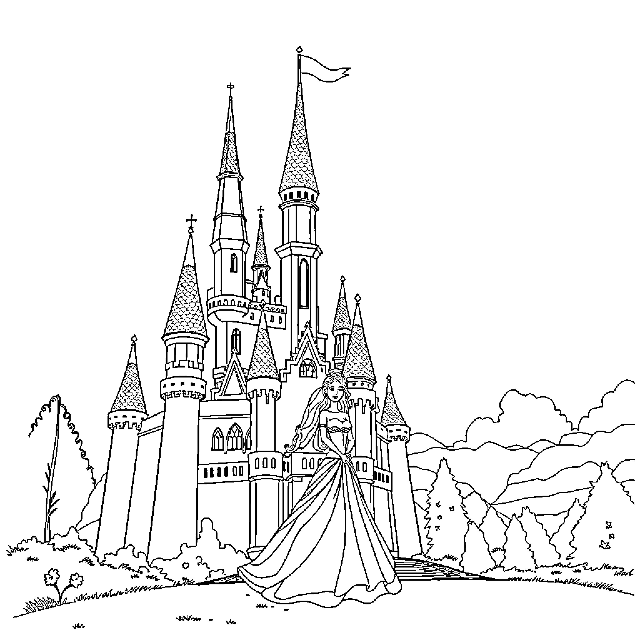 Barbie's magical adventure at the fairytale castle Coloring Page (free black-and-white line drawing printable PDF for all, from beginners to advanced learners, including children, teens, adults, and seniors)