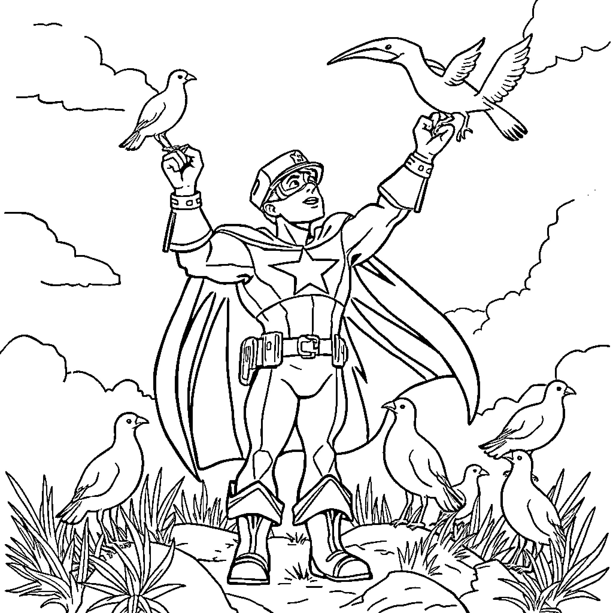 Captain America Helping Friends in Nature Coloring Page (free black-and-white line drawing printable PDF for all, from beginners to advanced learners, including children, teens, adults, and seniors)