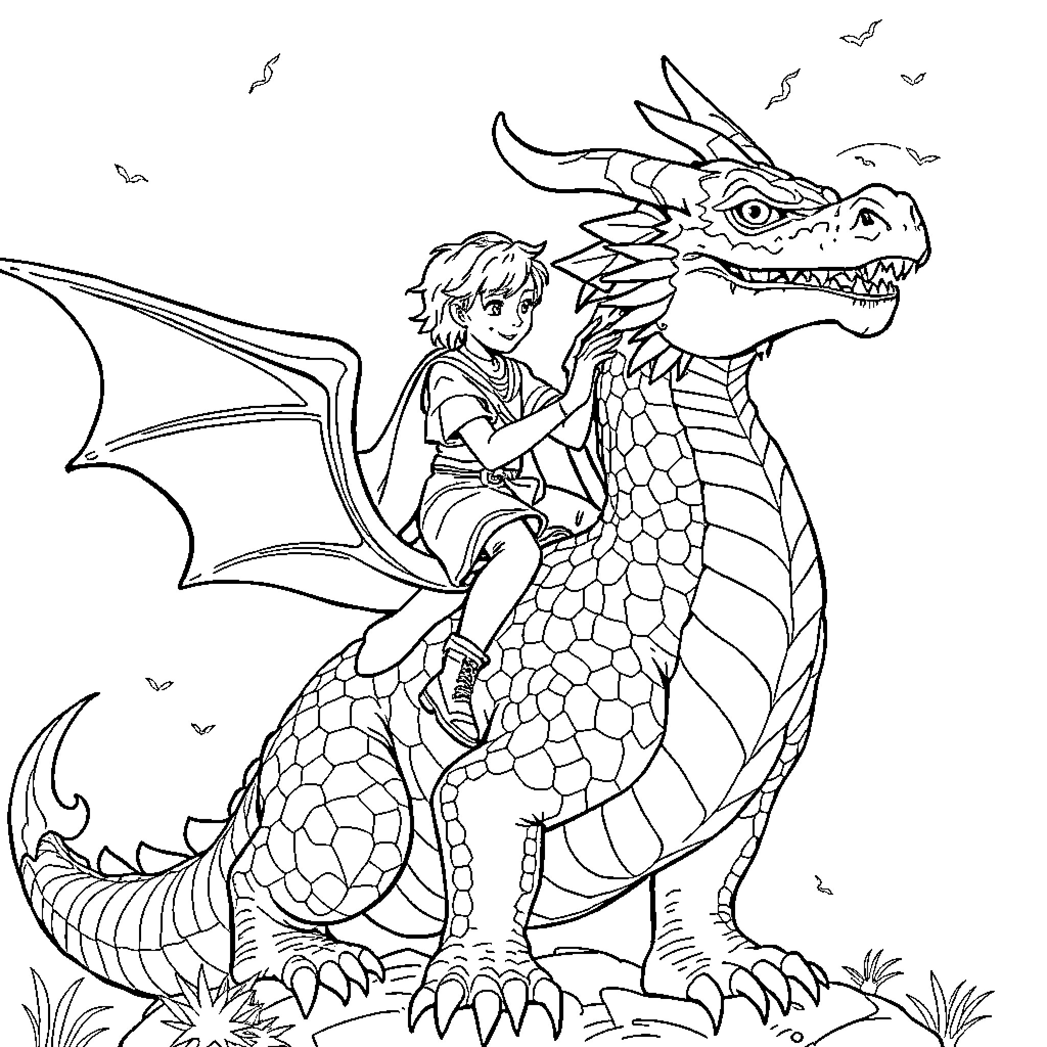 Dragon Rider and Fierce Companion Coloring Page (free black-and-white line drawing printable PDF for all, from beginners to advanced learners, including children, teens, adults, and seniors)