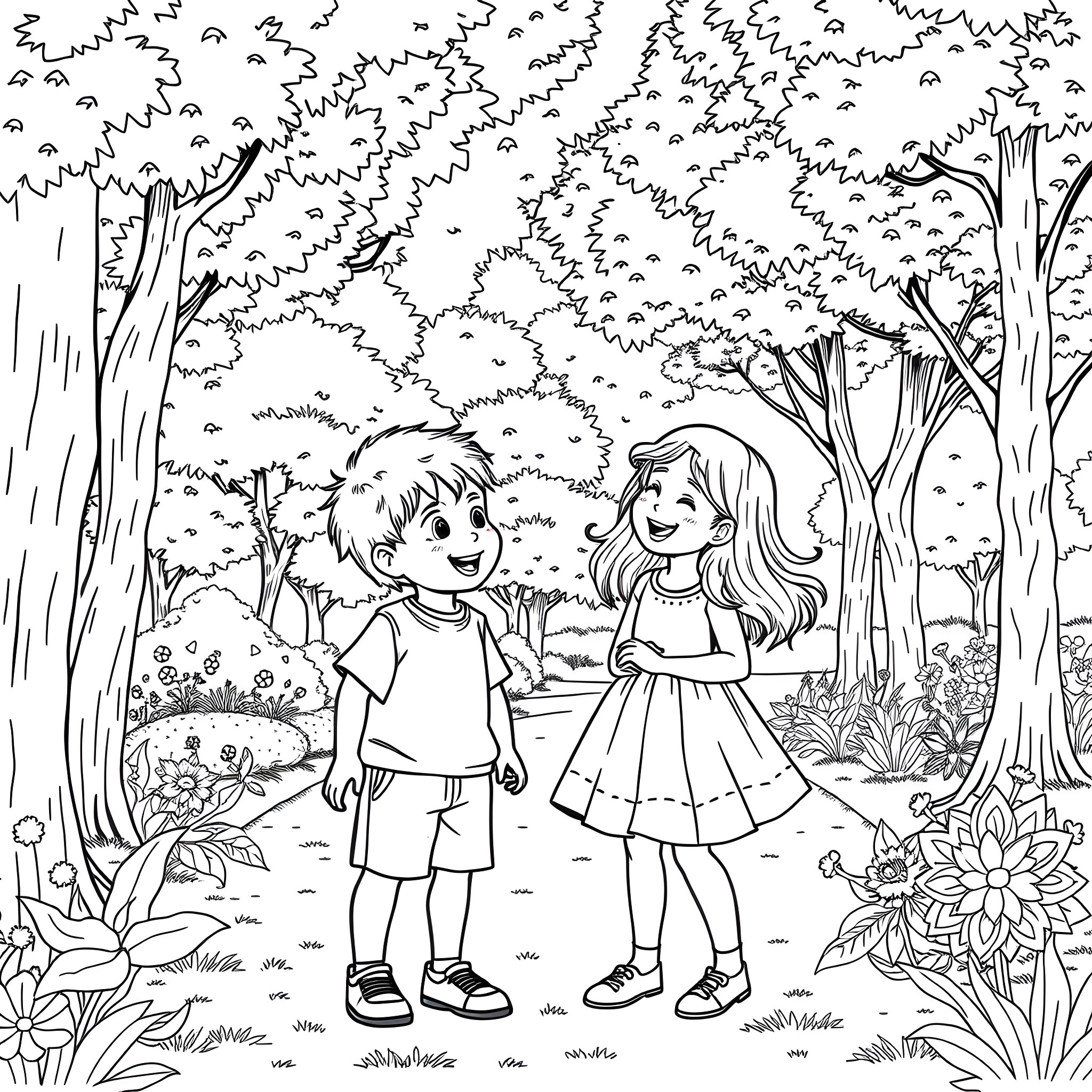Boy and Girl Explore Enchanting Forest Coloring Page (free black-and-white line drawing printable PDF for all, from beginners to advanced learners, including children, teens, adults, and seniors)