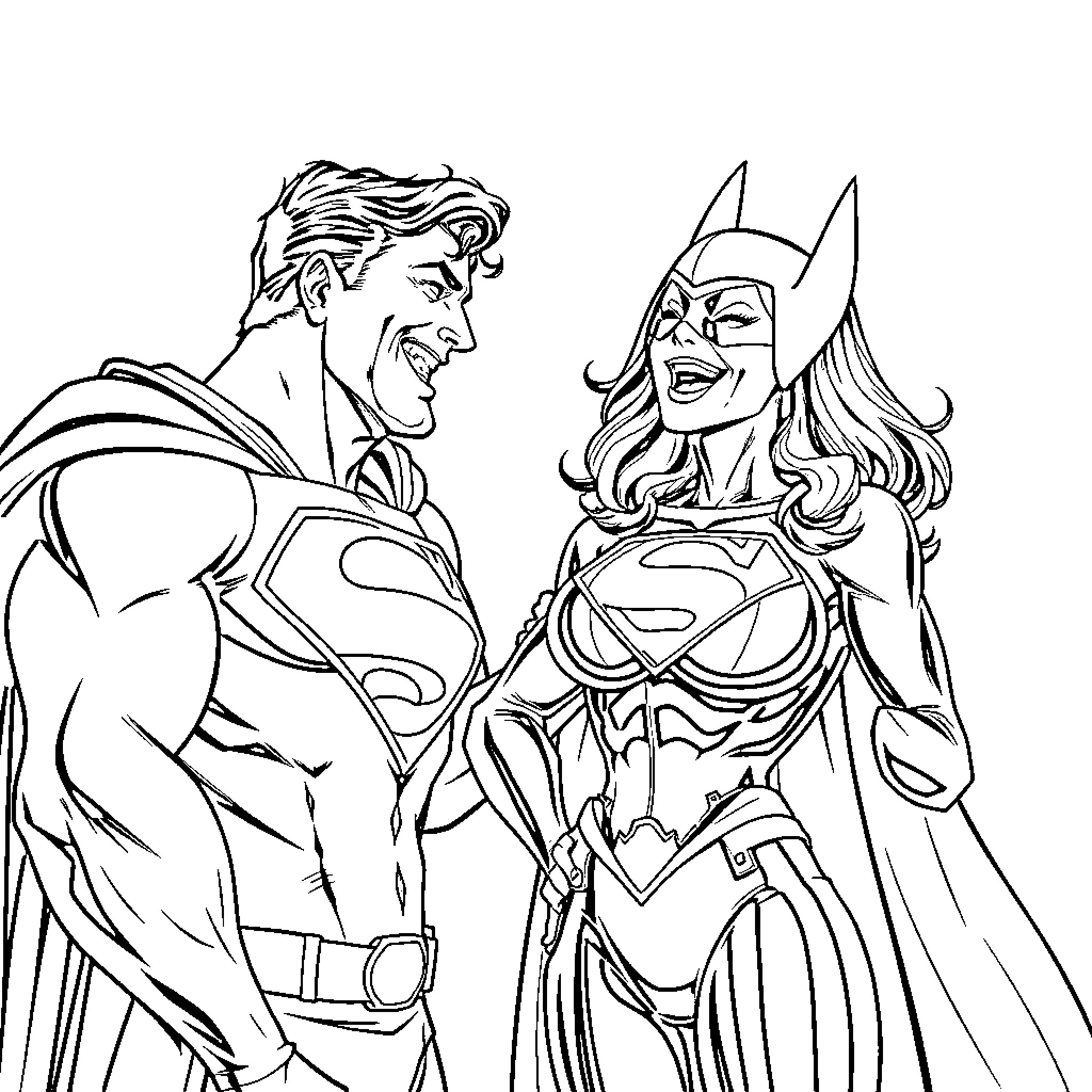 Superman and Batwoman in Heroic Encounter Coloring Page (free black-and-white line drawing printable PDF for all, from beginners to advanced learners, including children, teens, adults, and seniors)